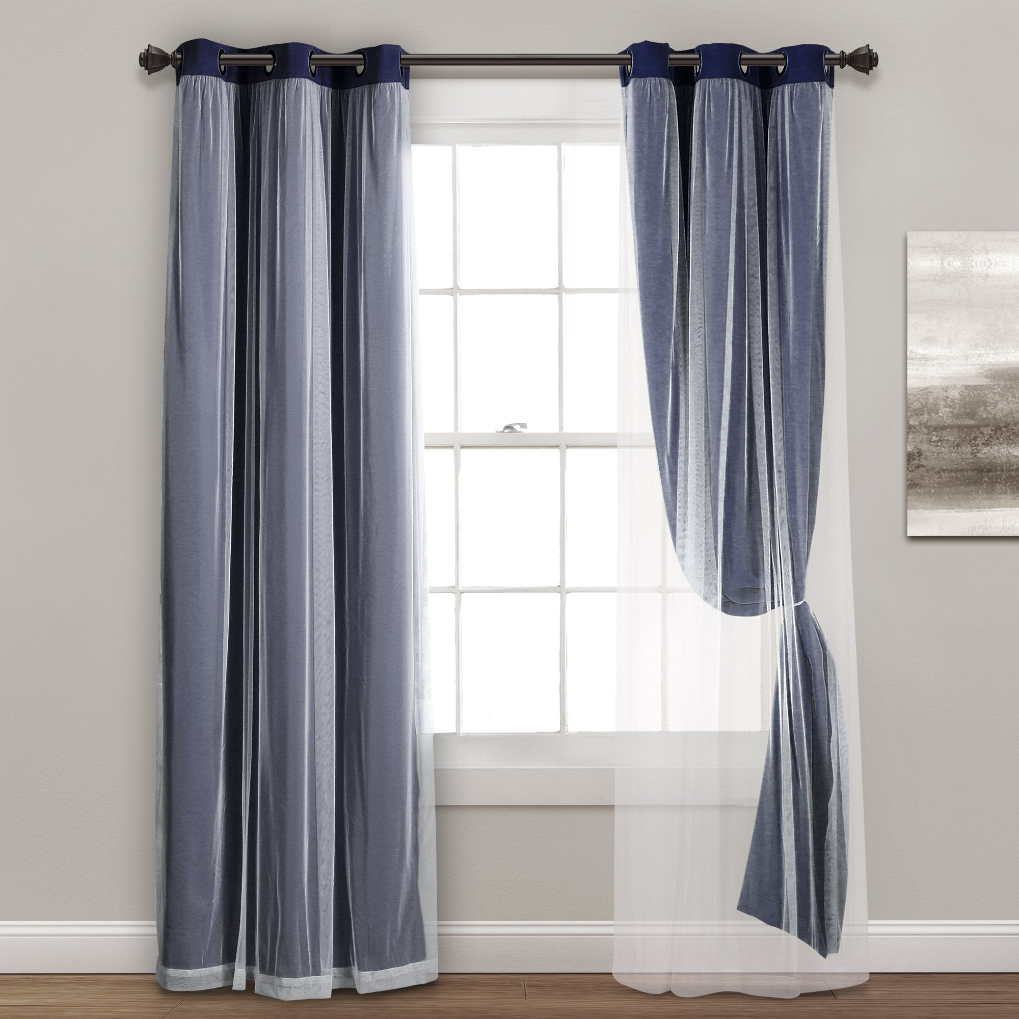 Lush Decor Sheer Grommet Curtains With Insulated Blackout Lining, Window Curtain Panels, Pair, 38''W X 84''L, Navy - Curtain Wit