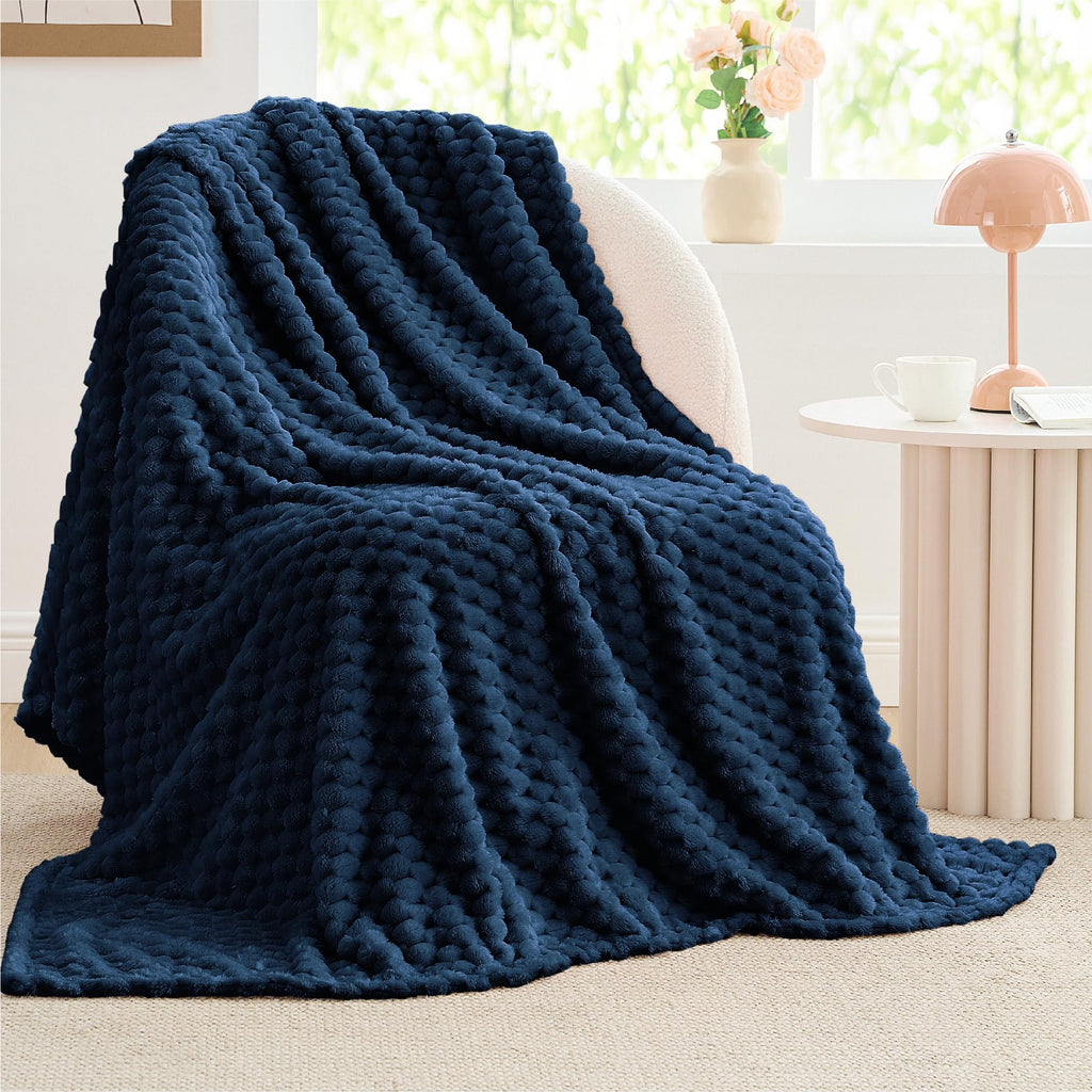 Bedelite Fleece Blanket Twin Blanket For Bed Couch, 3D Jacquard Decorative Navy Throw Blanket, Soft And Cozy Warm Plush Fuzzy Bl