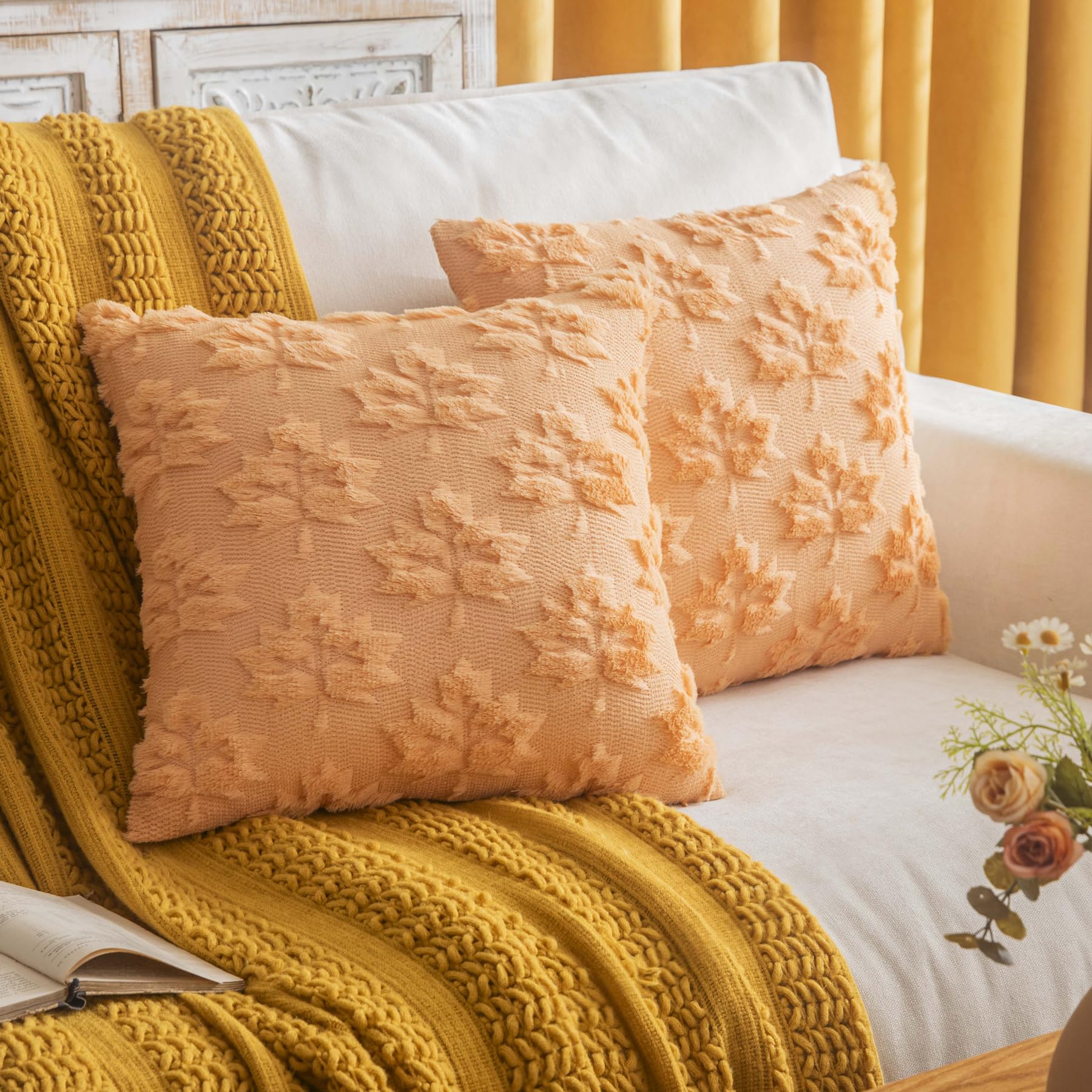 Cosibono Maple Leaf Fall Throw Pillow Covers 18'X18' Set Of 2, Light Gold Farmhouse Decorative Pillow Covers For Autumn Harves