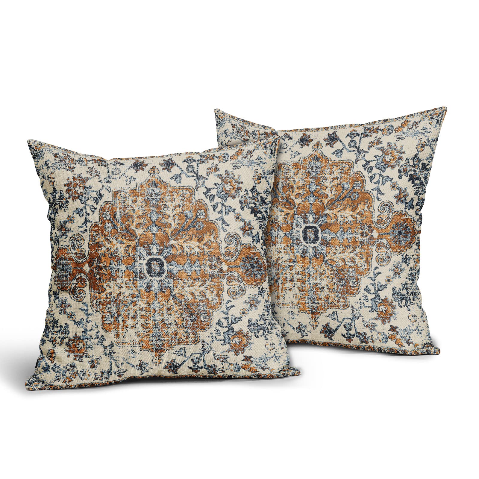 Brown Navy Blue Ethnic Boho Pillow Covers 20X20 Inch Bohemian Carpet Vintage Pillow Cases Gold Black Tan Floral Throw Pillow Set