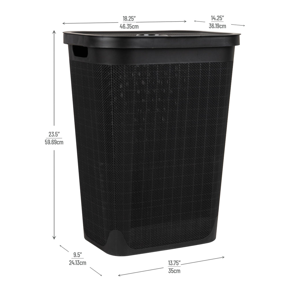 Mind Reader 60L Slim Laundry Hamper, Clothes Basket, Lid, Linen Design, Plastic, 18.25   L X 14.25   W X 23.5   H, Black
