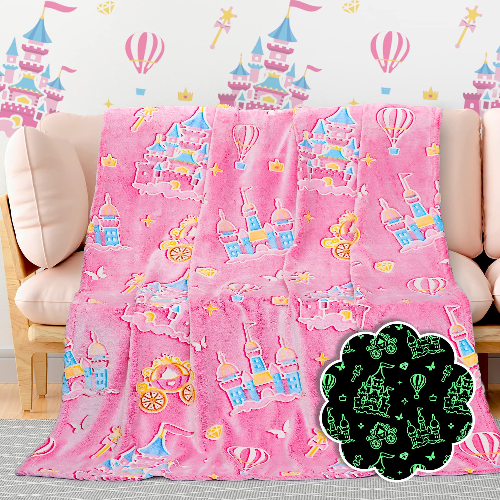 Bororo Glow In The Dark Blanket Castle Pink Blanket Birthday Gifts For Toddler Kids Girls Blankets