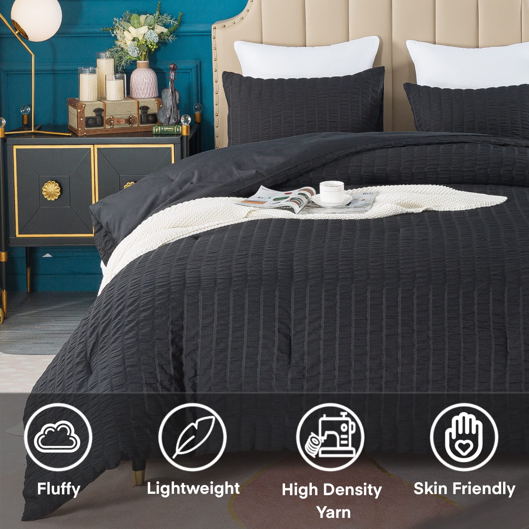 Avelom Black Seersucker Twin/Twin Xl Comforter Set (68X90 Inches), 2 Pieces-100% Soft Washed Microfiber Lightweight Comforter With 1 Pillowcase, All Season Down Alternative Comforter Set For Bedding