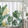 Bonhause Tropical Leaves Shower Curtain, Gold Green Palm Banana Leaf Monstera Plant Palm Bathroom Curtain 72x72 Inch Polyester F