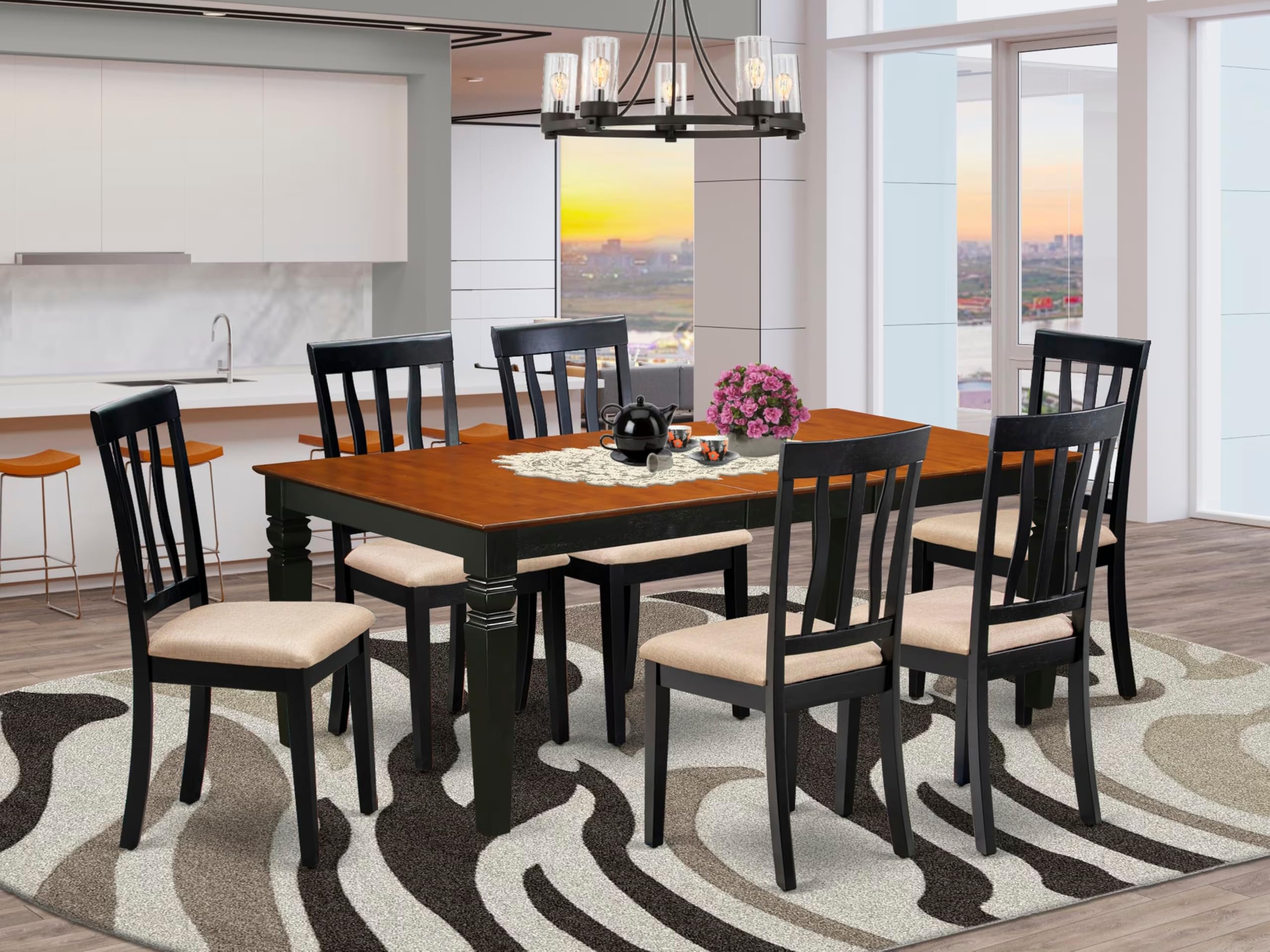 East West Furniture LGAN7-BCH-C 7 Piece Dining Table Set Consist of a Rectangle Wooden Table with Butterfly Leaf and 6 Linen Fabric Dining Room Chairs, 42x84 Inch, Black & Cherry