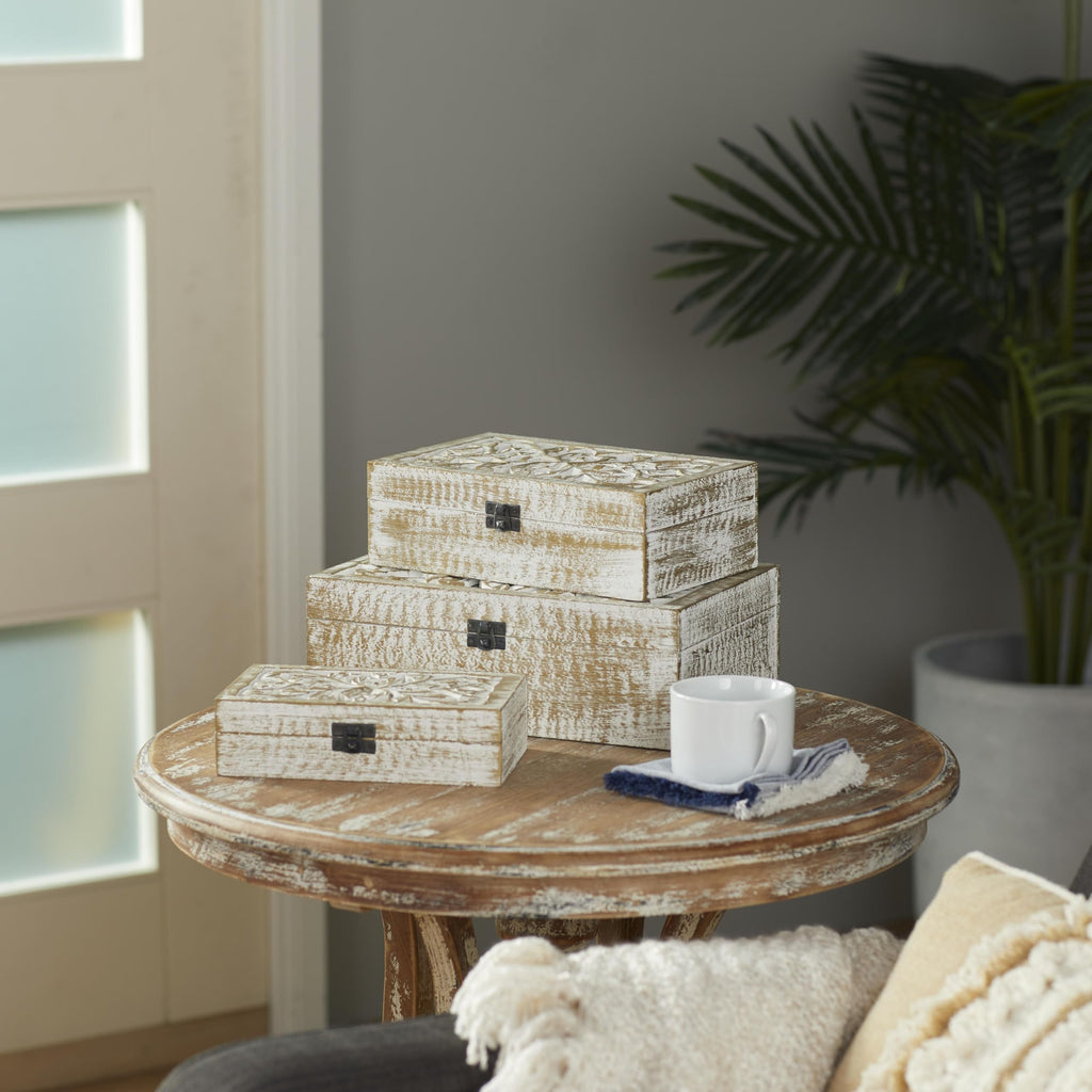 Deco 79 Mango Wood Floral Handmade Decorative Box Decorative Keepsake Boxes With Hinged Lid, Set Of 3 Storage Boxes 8'', 10'', 1
