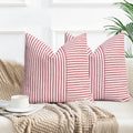 Farmhouse Pillow Covers 24X24, Modern Accent Square Throw Pillow Covers Set Of 2, Red And Beige Striped Patchwork Linen Decorati