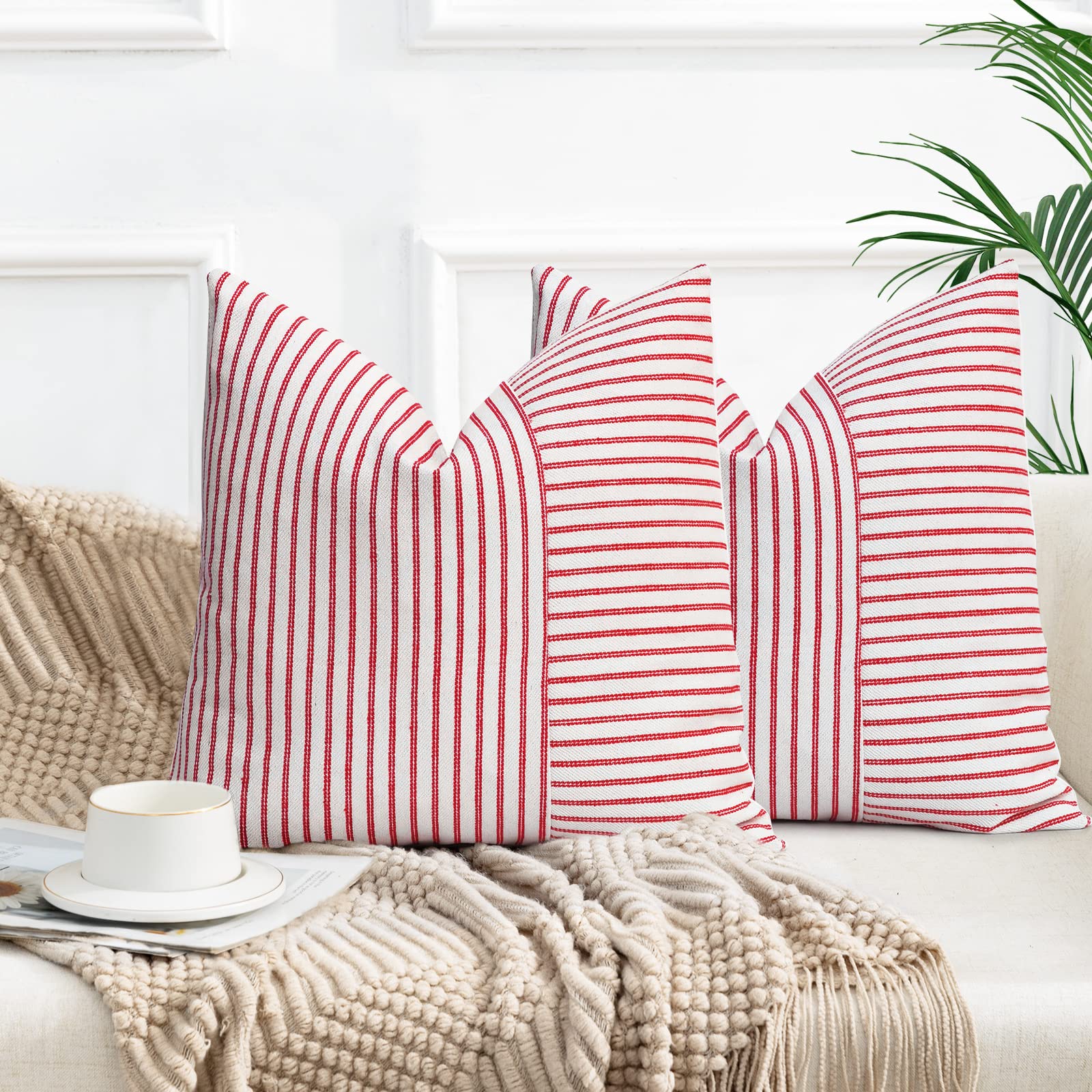 Ycoll Farmhouse Pillow Covers 22X22, Boho Throw Pillow Covers Set Of 2, Red And Cream Striped Linen Decorative Pillows Cushion C