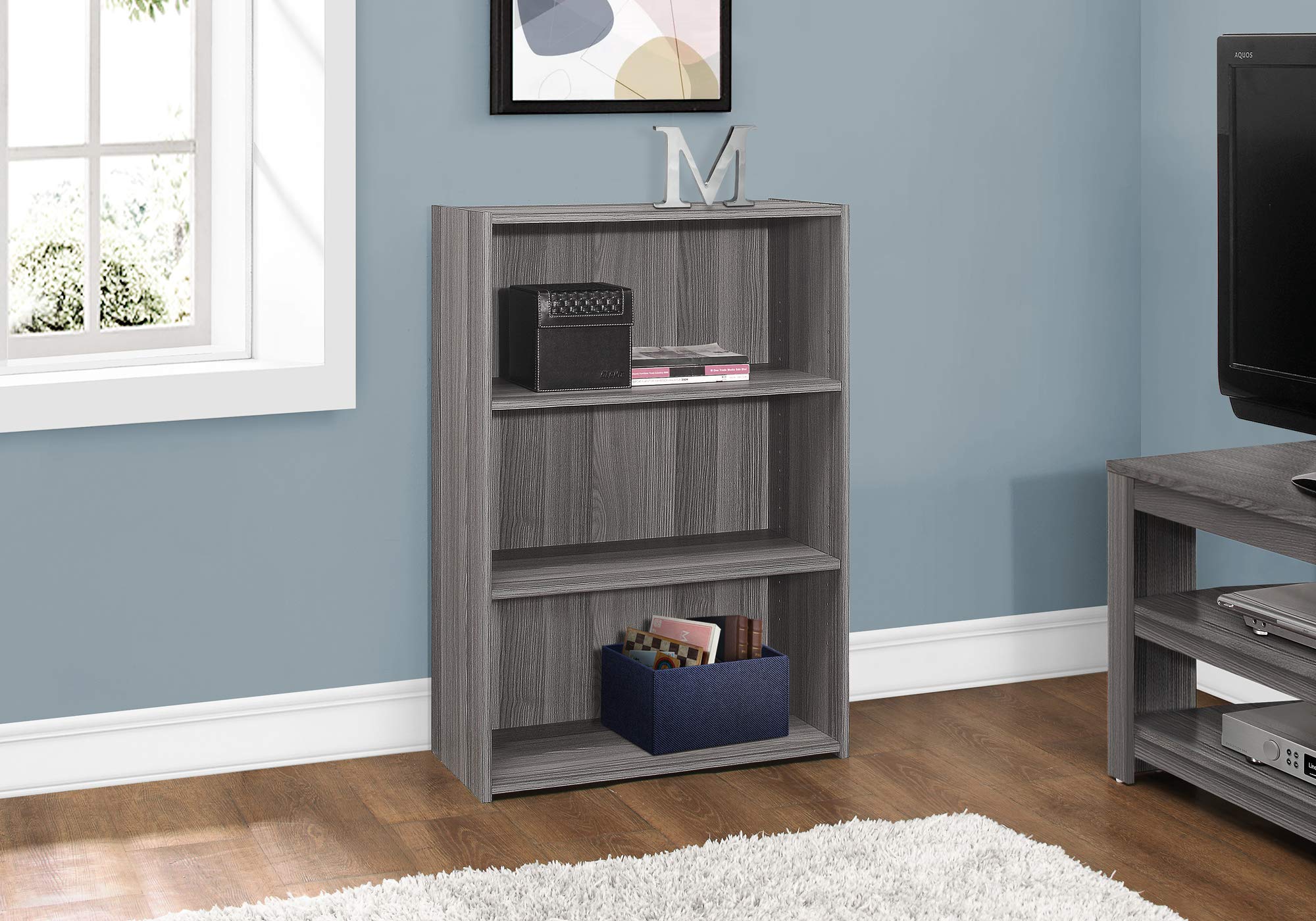 Monarch Specialties I BOOKCASE-36 H/Grey with 3 Shelves Bookcase