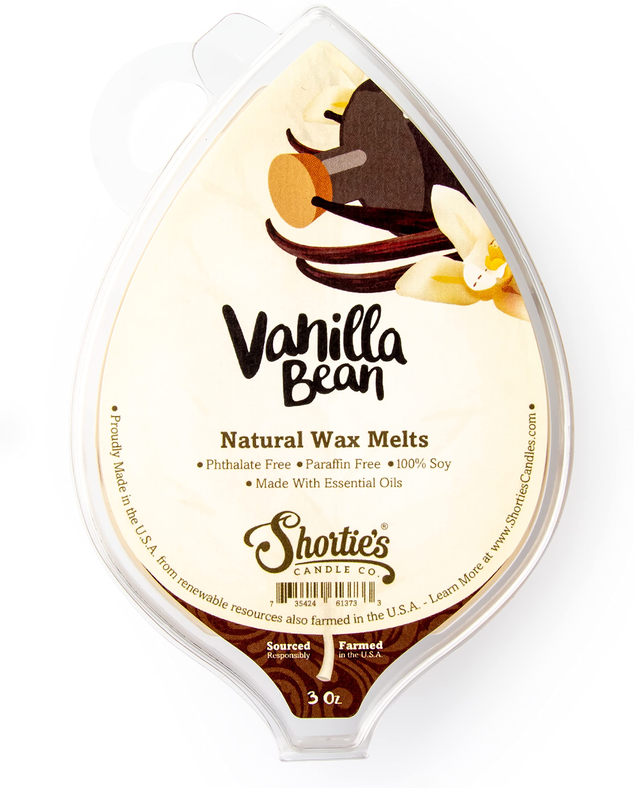 Shorties Candle Company Vanilla Bean Natural Soy Wax Melts - 1 Highly Scented 3 Oz. Bar - Made with 100% Soy and Essential Frag