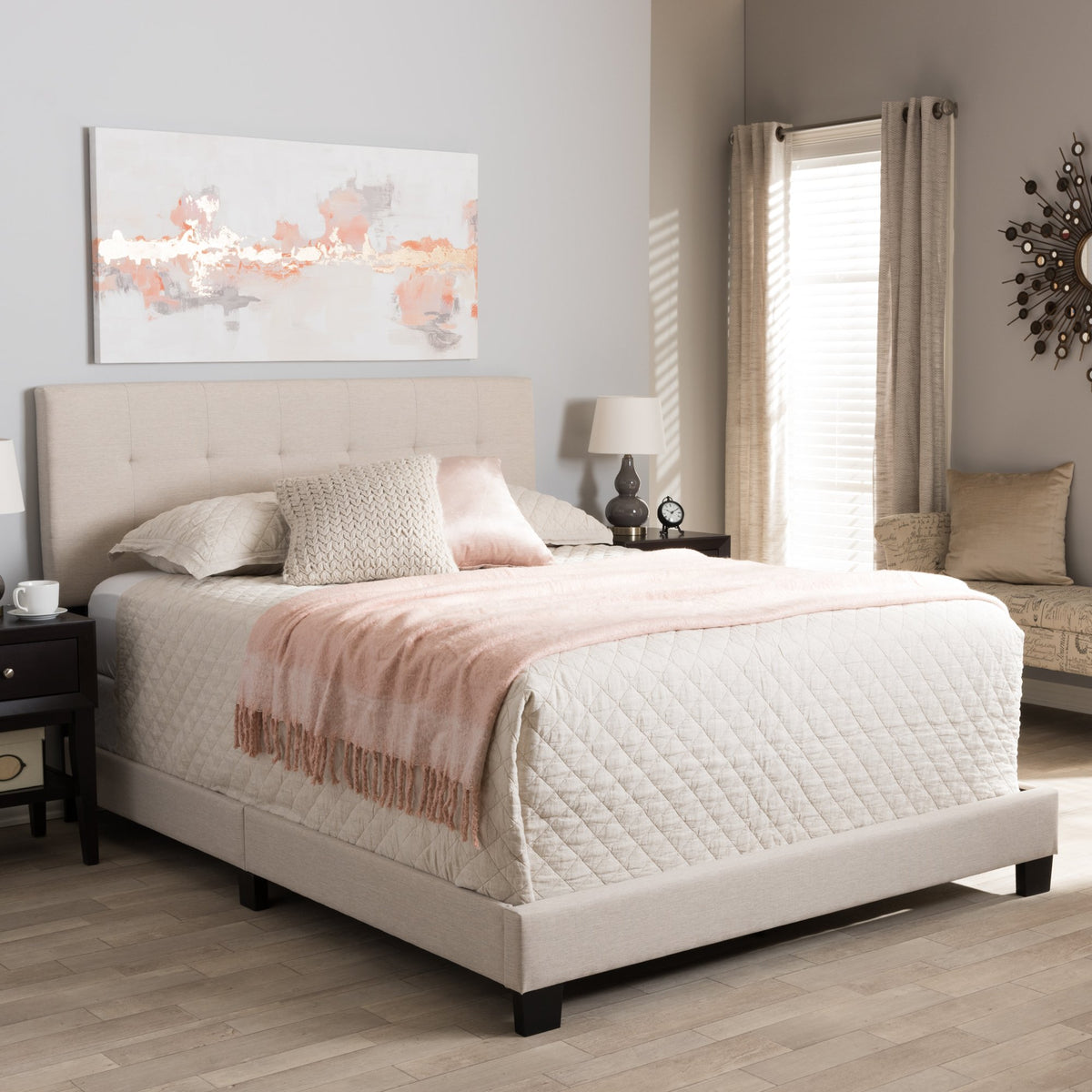 Baxton Studio Brookfield Modern and Contemporary Beige Fabric Upholstered Grid-tufting Queen Size Bed