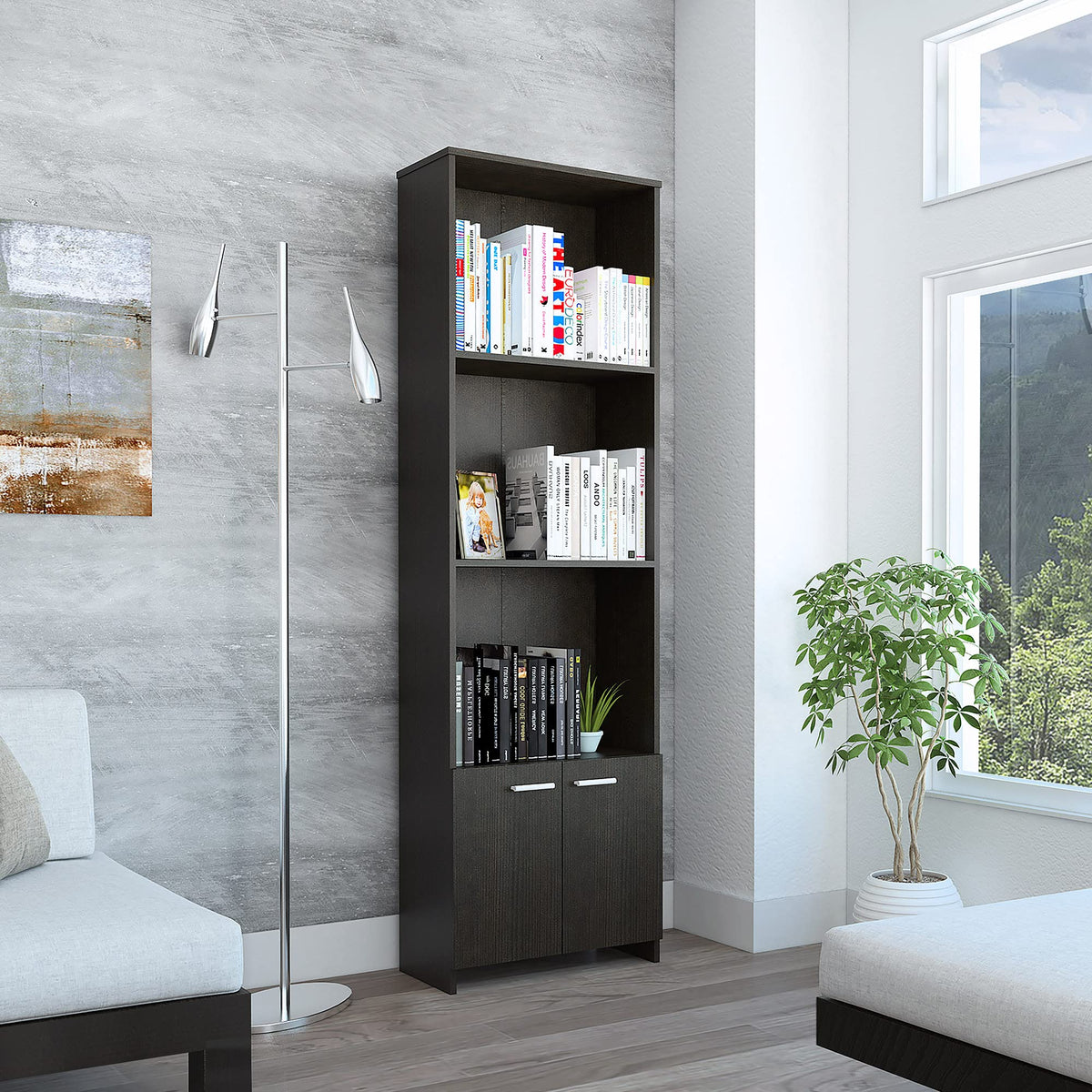 HomeRoots Sleek and Modern Black Wengue Living Room Bookcase