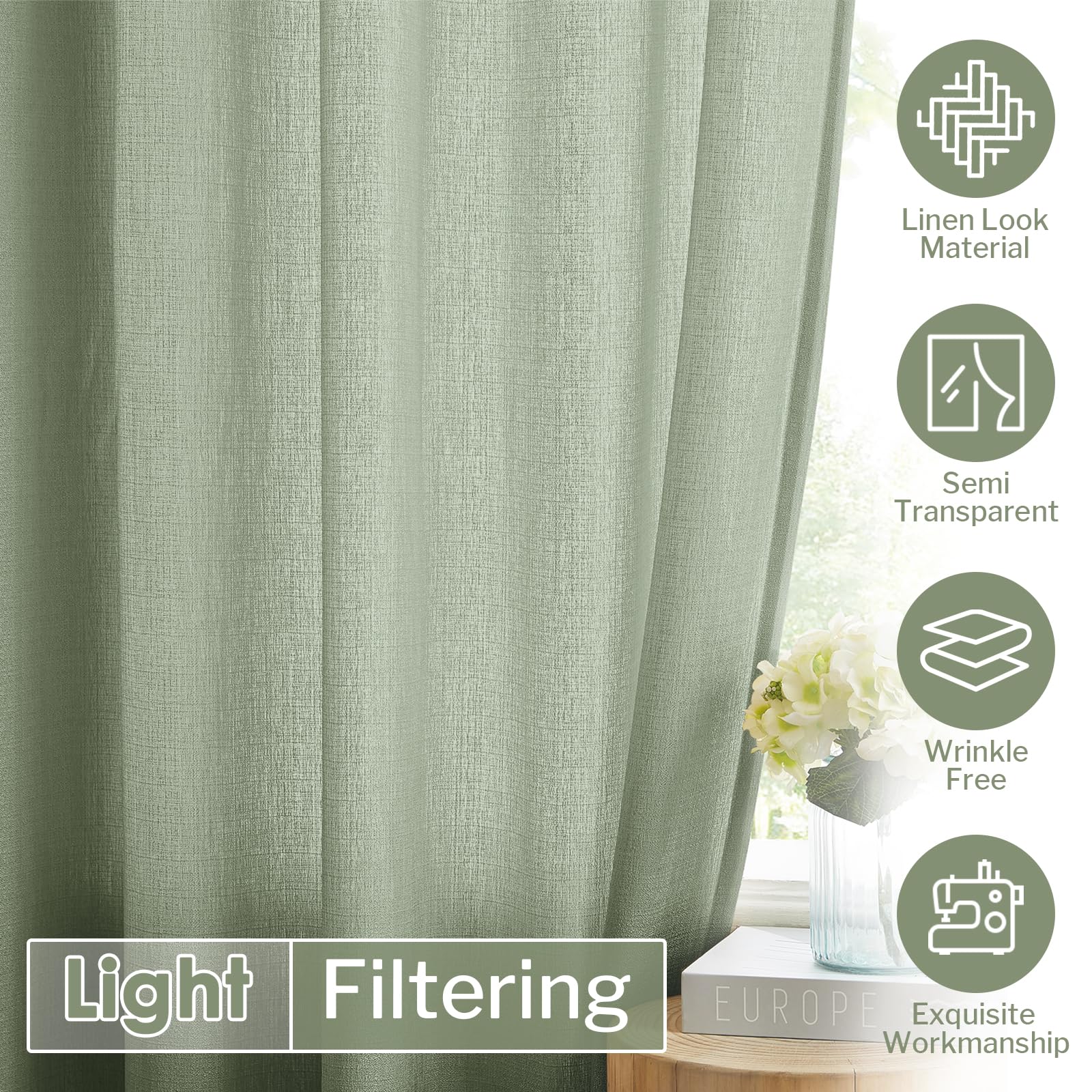 Melodieux Sage Green Semi Sheer Curtains 96 Inches Long For Living Room, Bedroom Faux Linen Texture Rod Pocket Privacy Sheer Dra