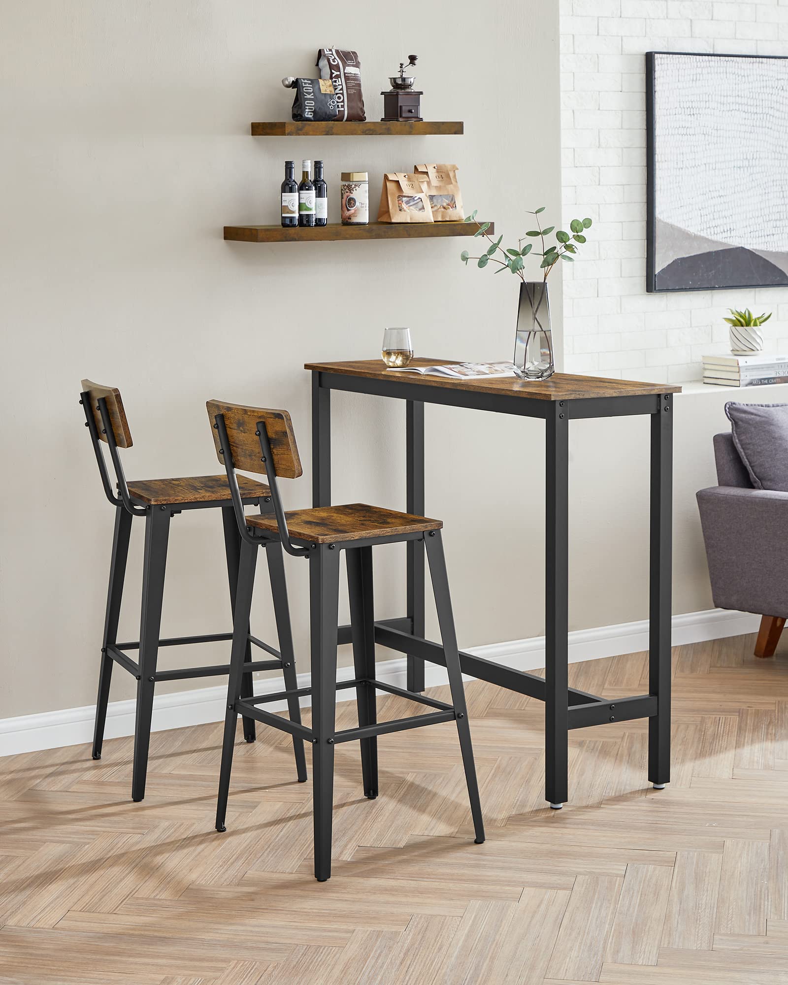 Vasagle Set Of 2 Bar Stools, Bar Height Stools, Tall Bar Stools With Back, Bar Chairs, Steel Frame, Industrial Style, Easy Assembly, Rustic Brown And Ink Black Ulbc078B01