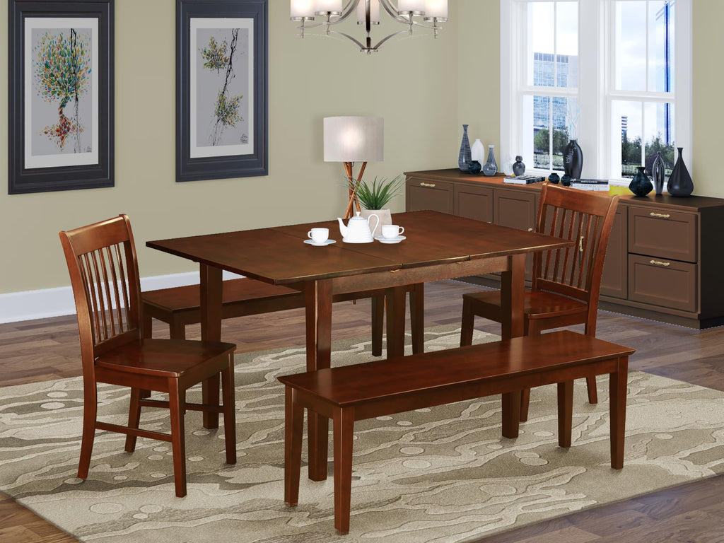 East West Furniture MLNO5C-MAH-W 5 Piece Dining Room Table Set Includes a Rectangle Kitchen Table with Butterfly Leaf and 2 Dining Chairs with 2 Benches, 36x54 Inch, Mahogany