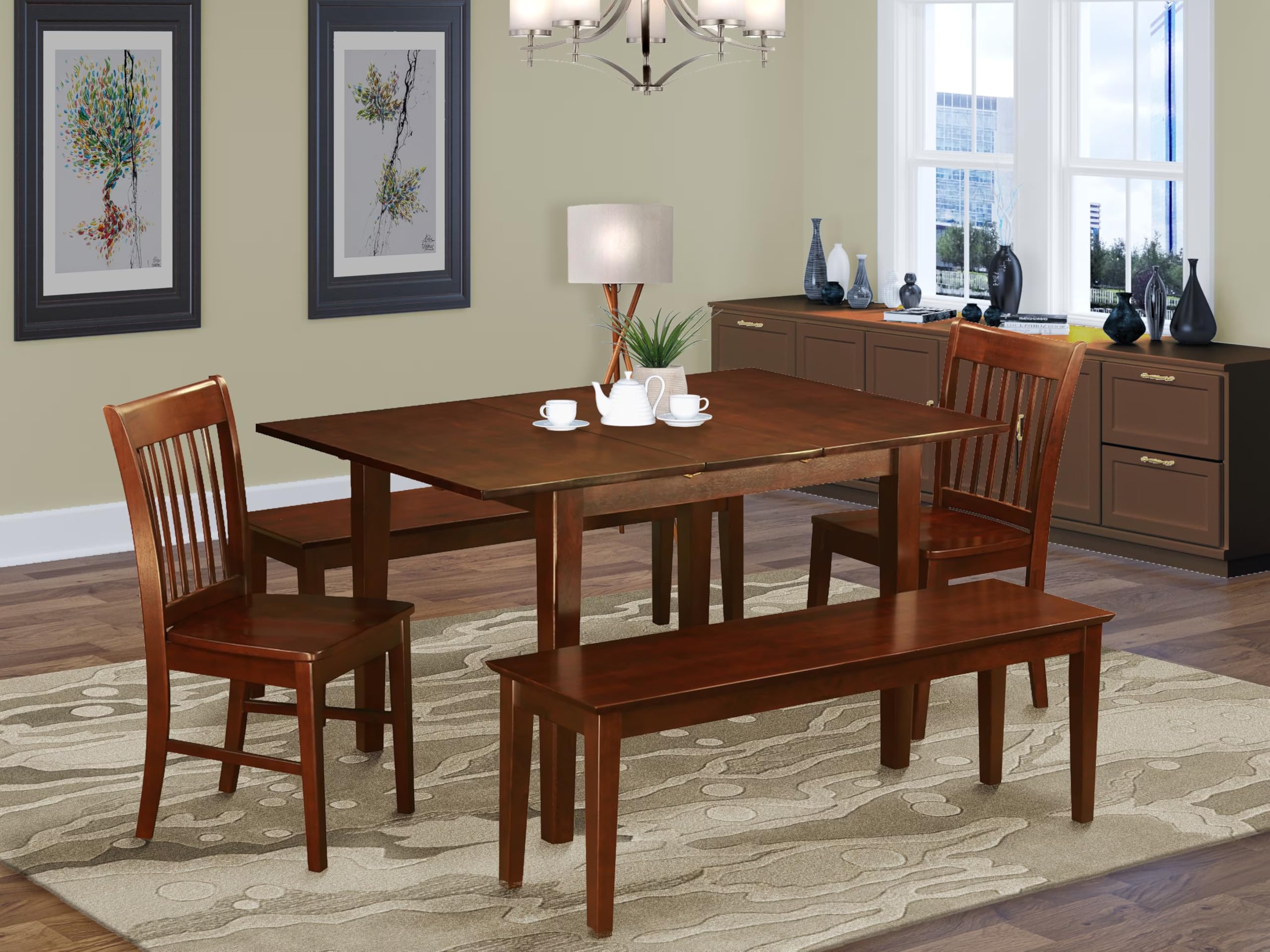 East West Furniture MLNO5C-MAH-W 5 Piece Dining Room Table Set Includes a Rectangle Kitchen Table with Butterfly Leaf and 2 Dining Chairs with 2 Benches, 36x54 Inch, Mahogany