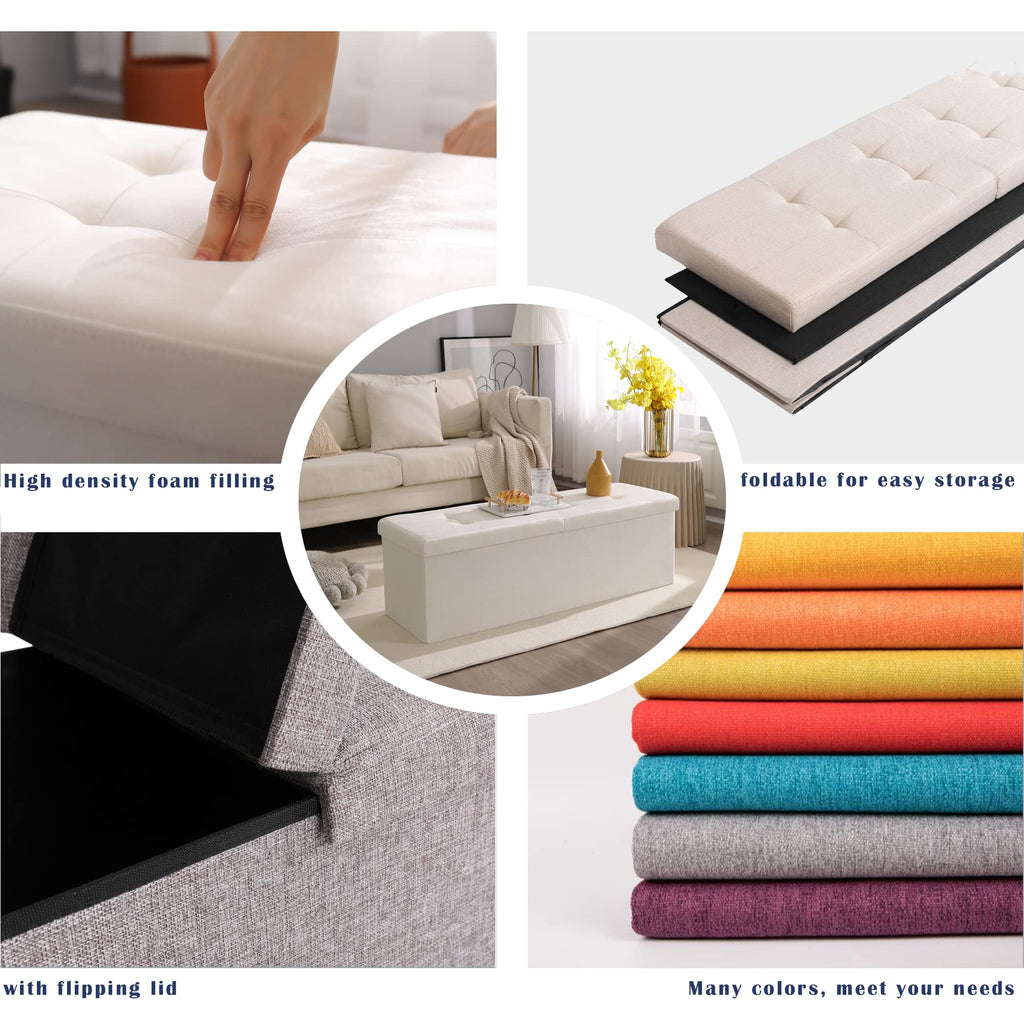 Cuyoca 45.3 Inches Storage Ottoman Bench Foldable Seat Footrest Shoe Bench End Of Bed Storage With Flipping Lid, 166L Storage Space, Linen Fabric Sandy Beige