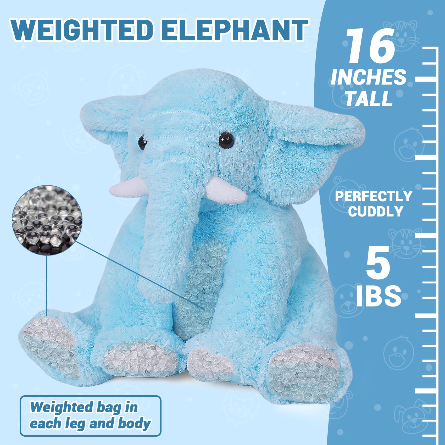 Elephant Weighted Stuffed Animals 5 Lbs 16 Inches Blue, Large Weighted Elephant Plushie Cuddly Pillow Gift For Kids & Adults