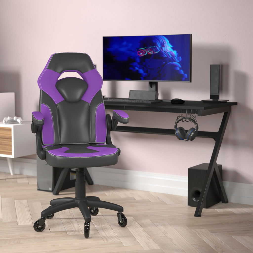 Flash Furniture X10 Gaming Chair Racing Office Computer Pc Adjustable Chair With Flip-Up Arms And Transparent Roller Wheels, Purple/Black Leathersoft