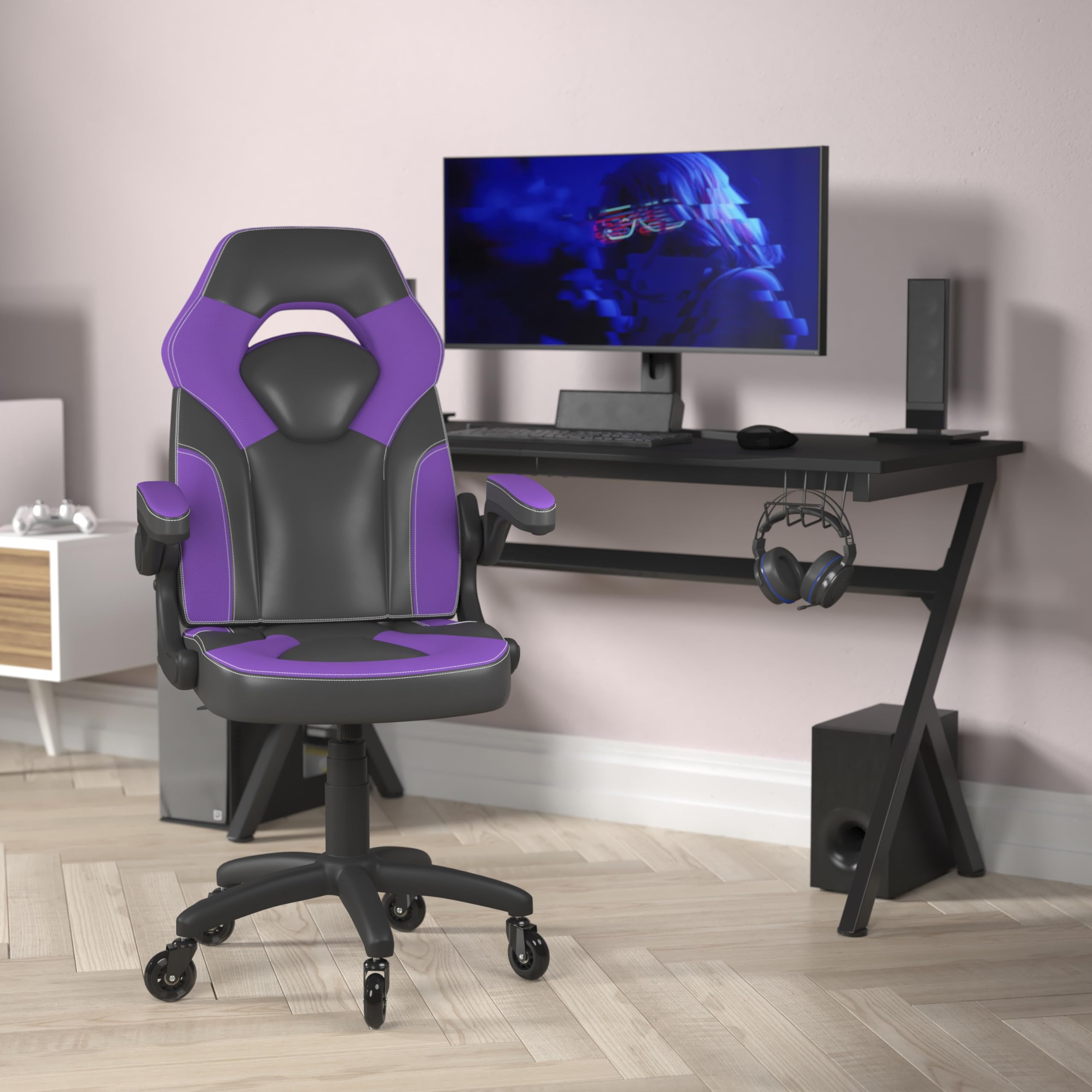 Flash Furniture X10 Gaming Chair Racing Office Computer Pc Adjustable Chair With Flip-Up Arms And Transparent Roller Wheels, Purple/Black Leathersoft