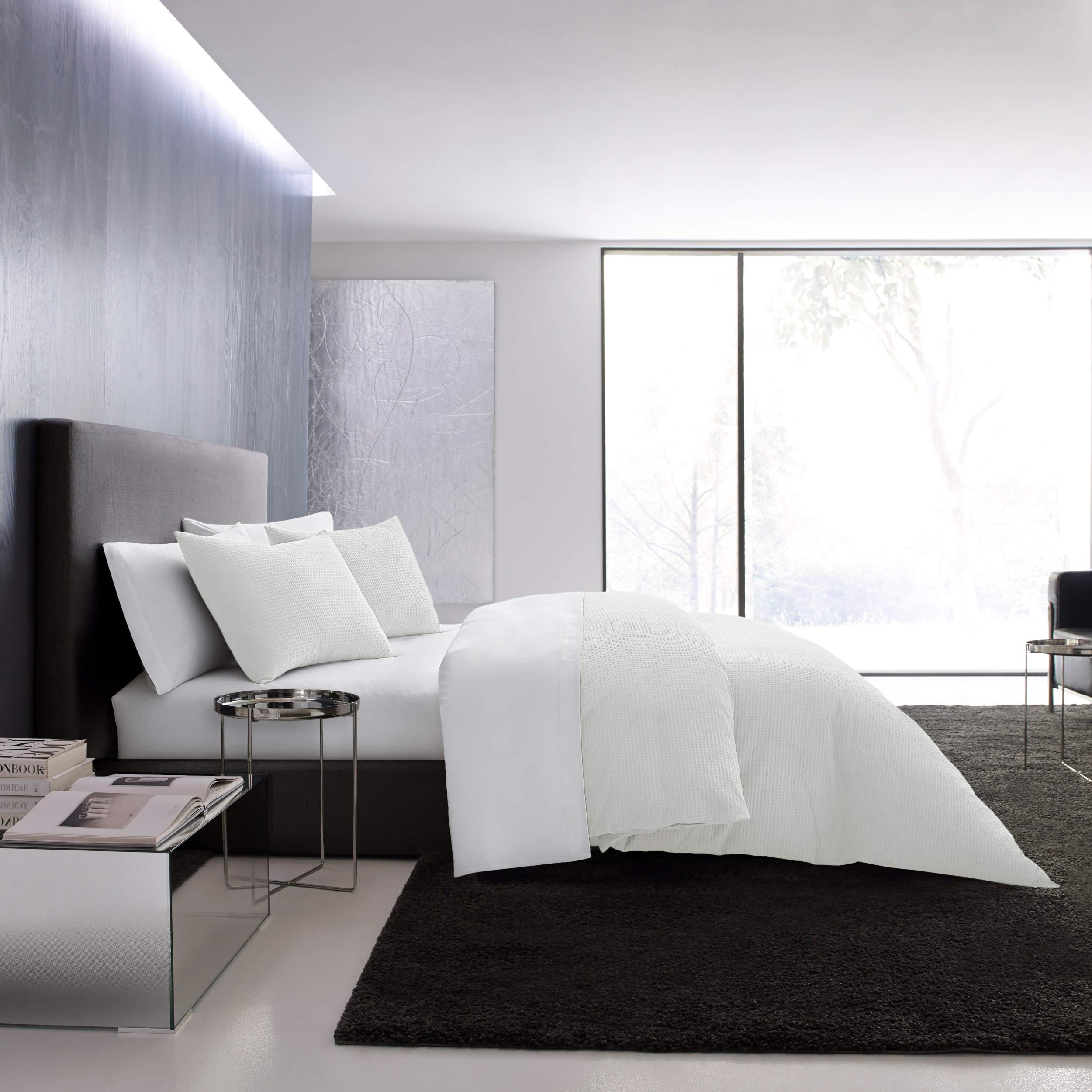 Vera Wang - Queen Duvet Cover Set, Luxury Cotton Bedding With Button Closure, Includes Matching Shams (Waffle Pique White, Queen