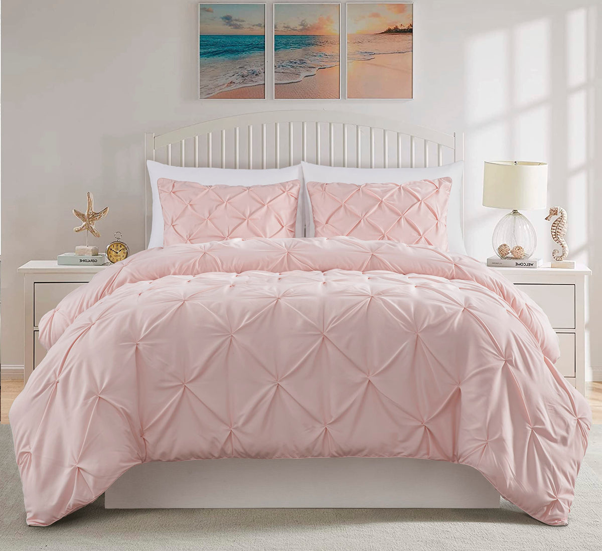 Chezmoi Collection Berlin Blush Pink Pinch Pleat King Comforter Set, 3-Piece (Comforter And Pillow Shams) - Soft Pintuck, Lightw