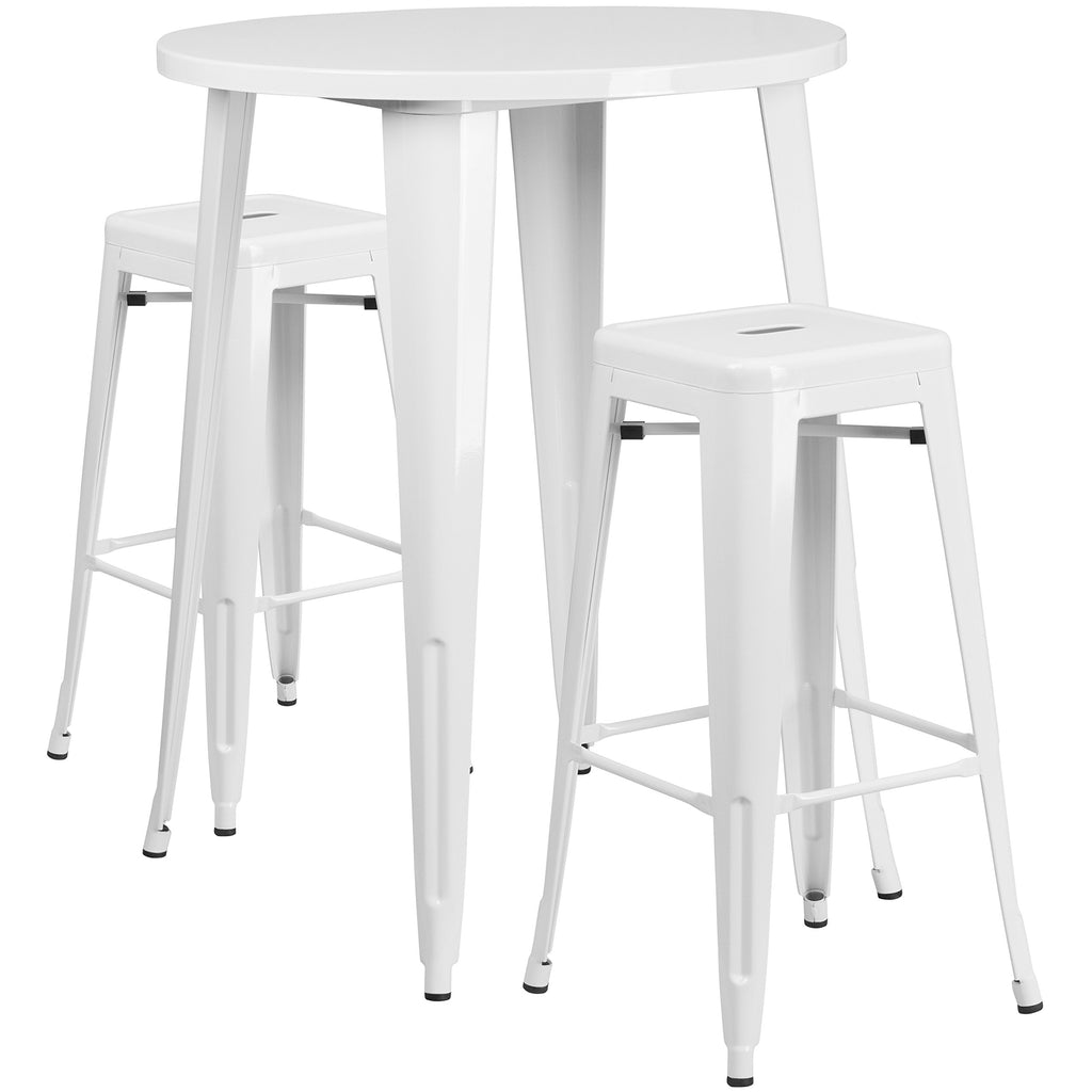 Flash Furniture Commercial Grade 30" Round White Metal Indoor-Outdoor Bar Table Set with 2 Square Seat Backless Stools