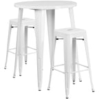 Flash Furniture Commercial Grade 30" Round White Metal Indoor-Outdoor Bar Table Set with 2 Square Seat Backless Stools