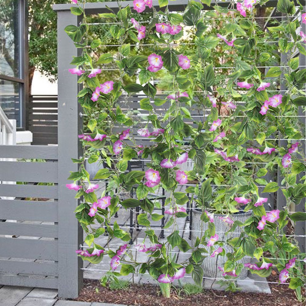 Gtidea Artificial Vines, 2Pcs 15Feet Morning Glory Hanging Plants Silk Garland Fake Green Plant Home Garden Wall Fence Stairway