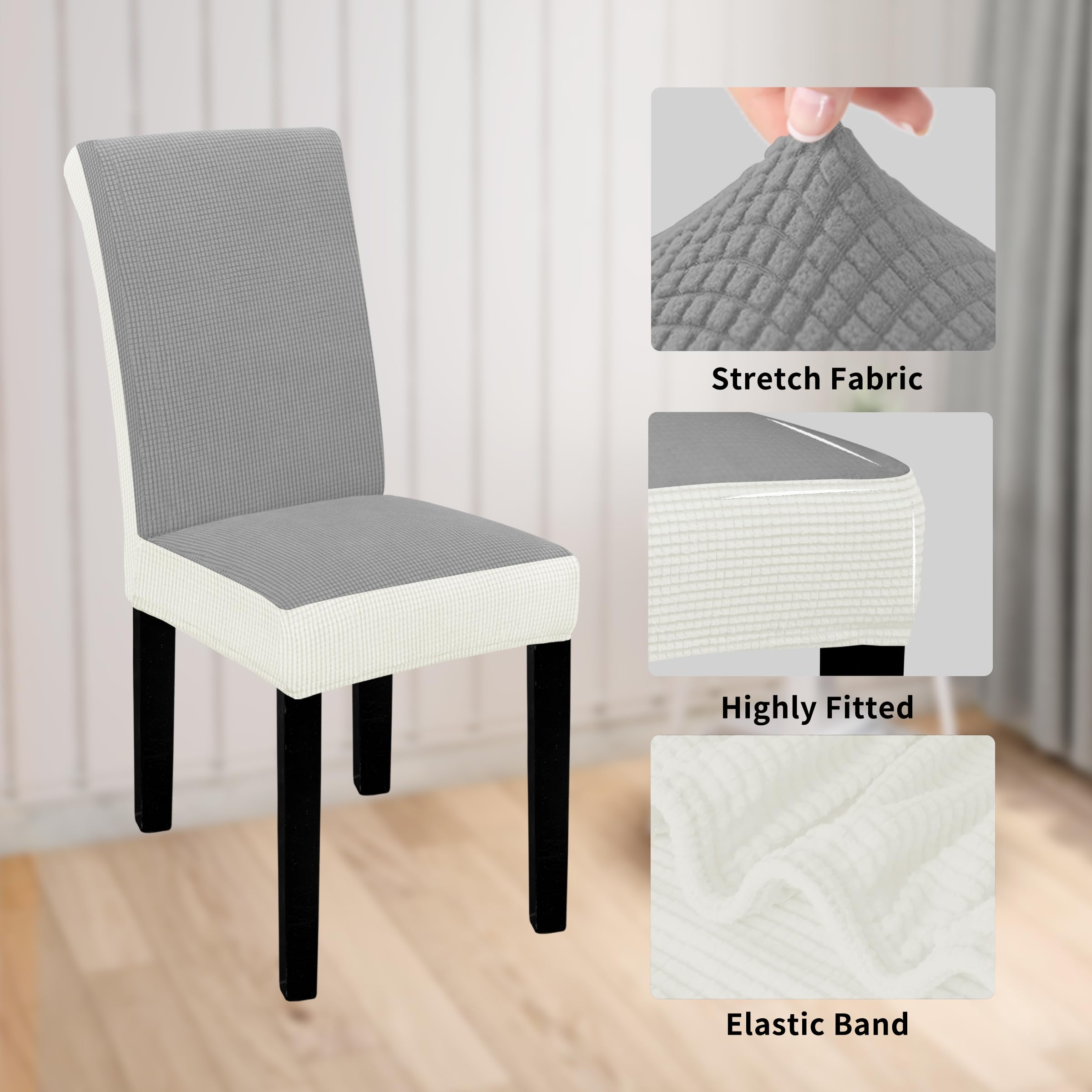 Easy-Going 100% Waterproof Dining Room Chair Cover Set Of 4, Stretch Jacquard Parson Chair Slipcover Removable Washable Chair Protector For Home, Restaurant, Banquet (Xlarge, Light Gray/Cream)