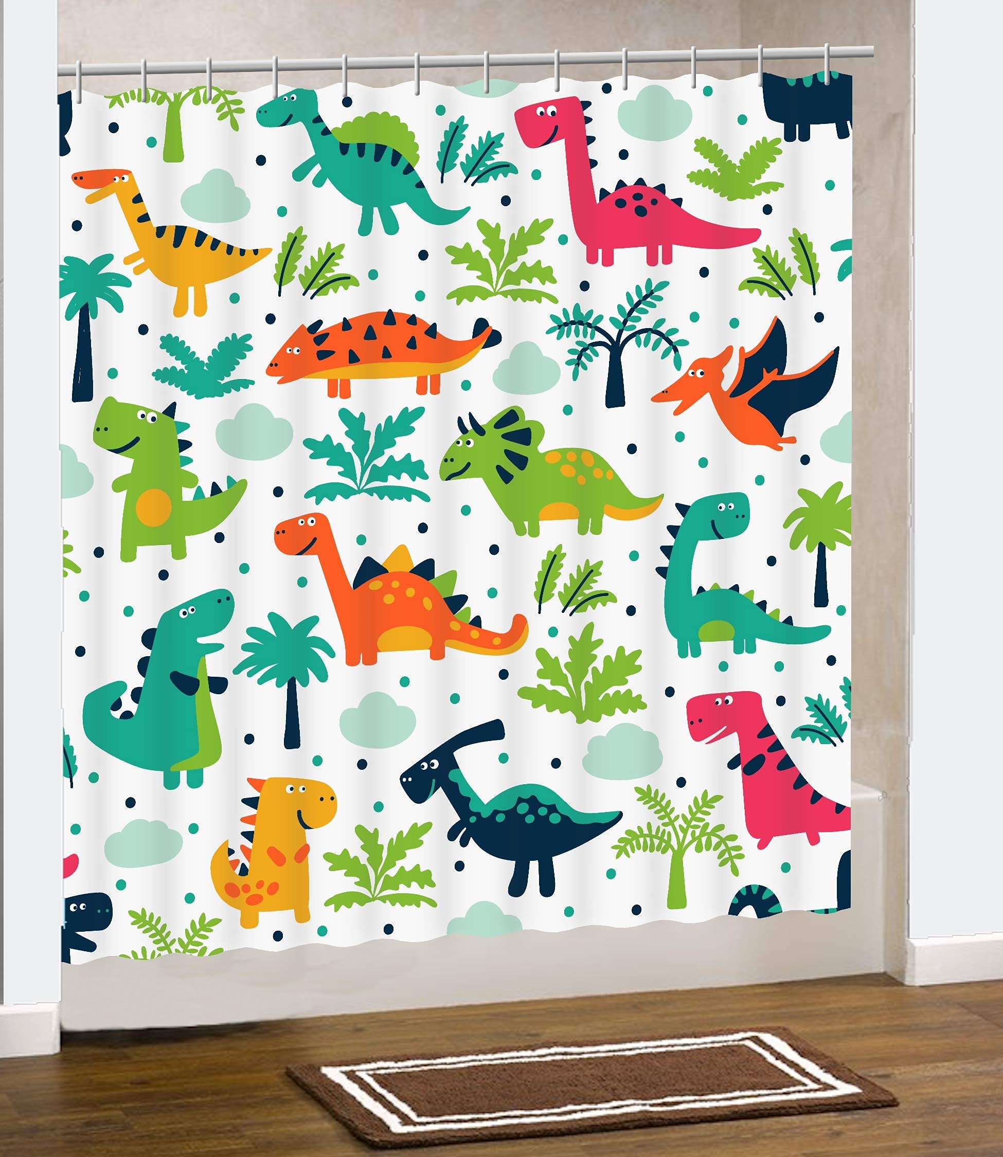 Fourth Shore Tropical Dinosaur Shower Curtain. Colorful Dinosaur Theme Will Add An Element Of Fun To Your Master, Guest, Kids, B