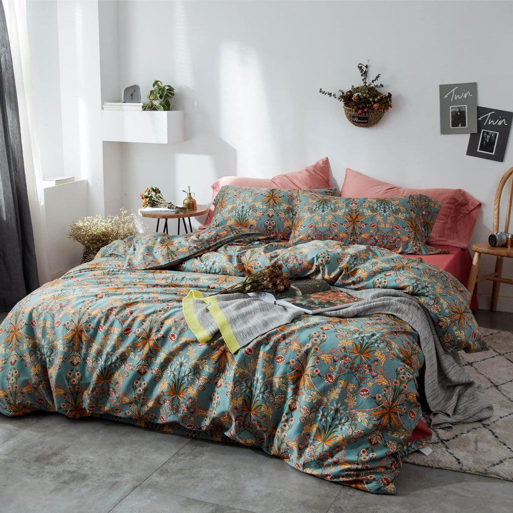 Mixinni Vintage Style Garden Flower Queen Duvet Cover With Zipper Closure Soft Long Staple Percale Cotton Vibrant Pattern On Blu