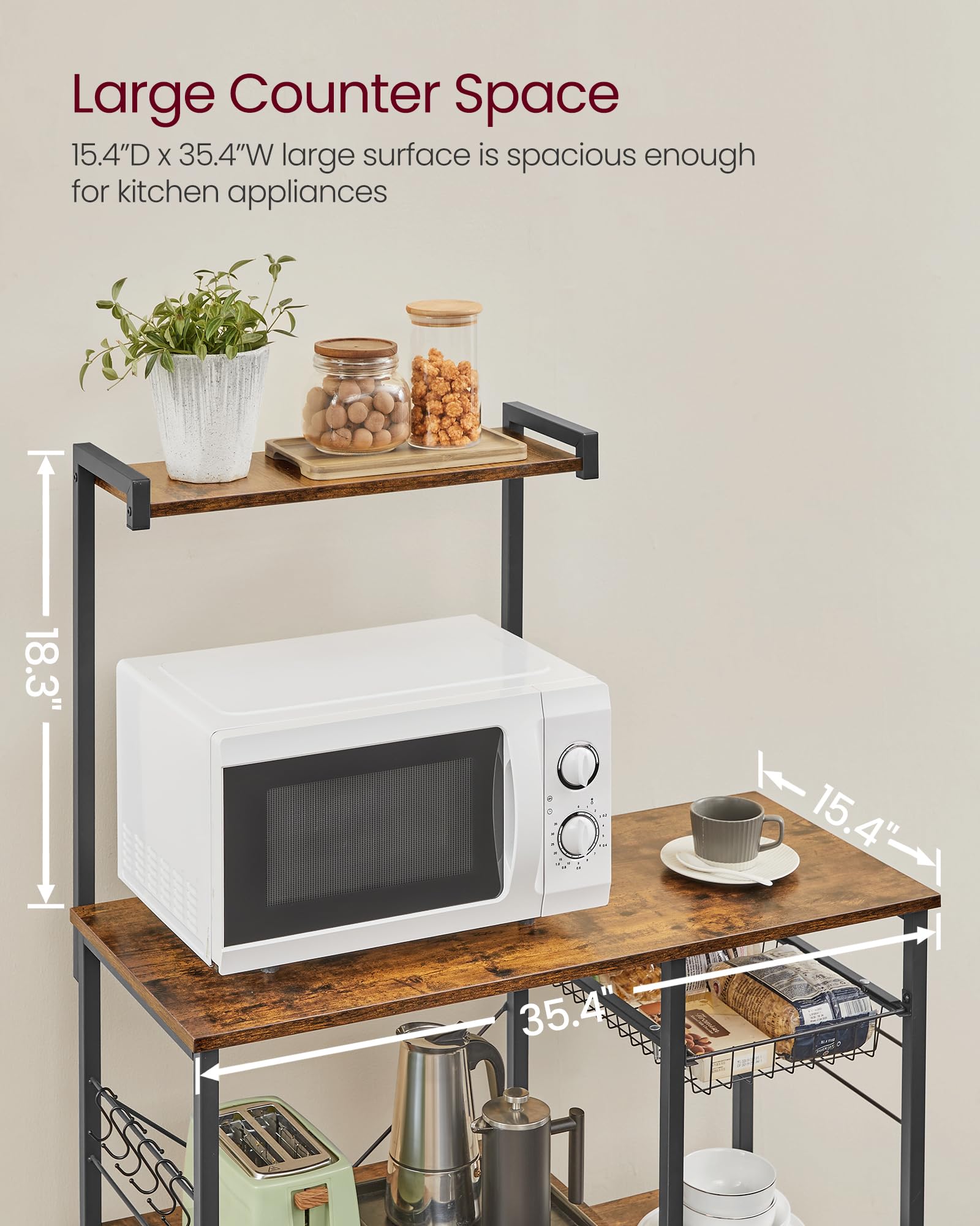 Vasagle Baker'S Rack, Microwave Stand With Wire Basket, 6 Hooks, And Shelves, For Spices, Pots, And Pans, Rustic Brown And Black Ukks35X