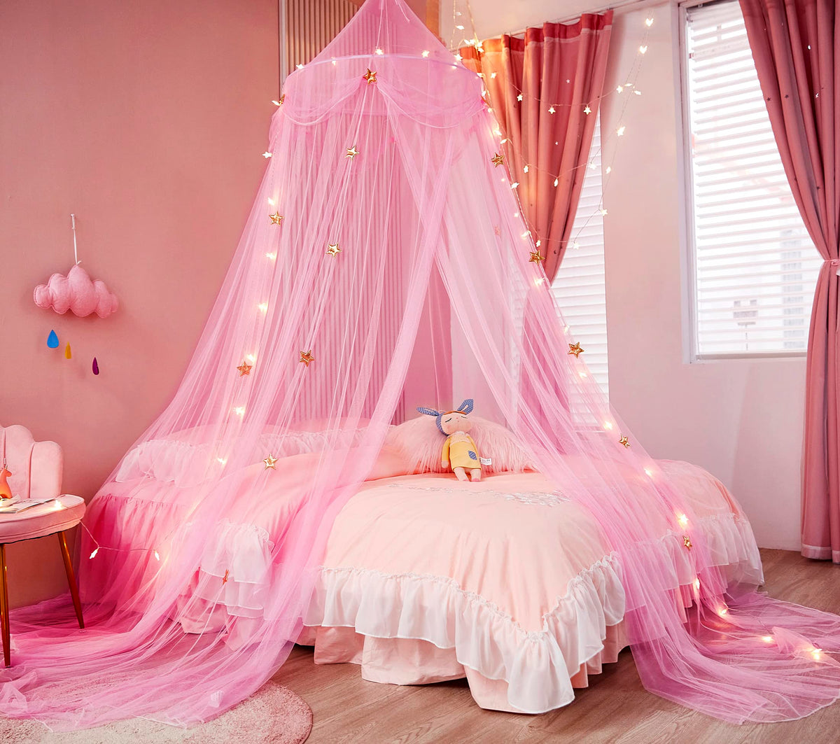 Nattey Bed Canopy For Girls With Star Lights,Princess Canopy Bed Curtains Mosquito Net With Gold Star For Girls Room Decor, Cano