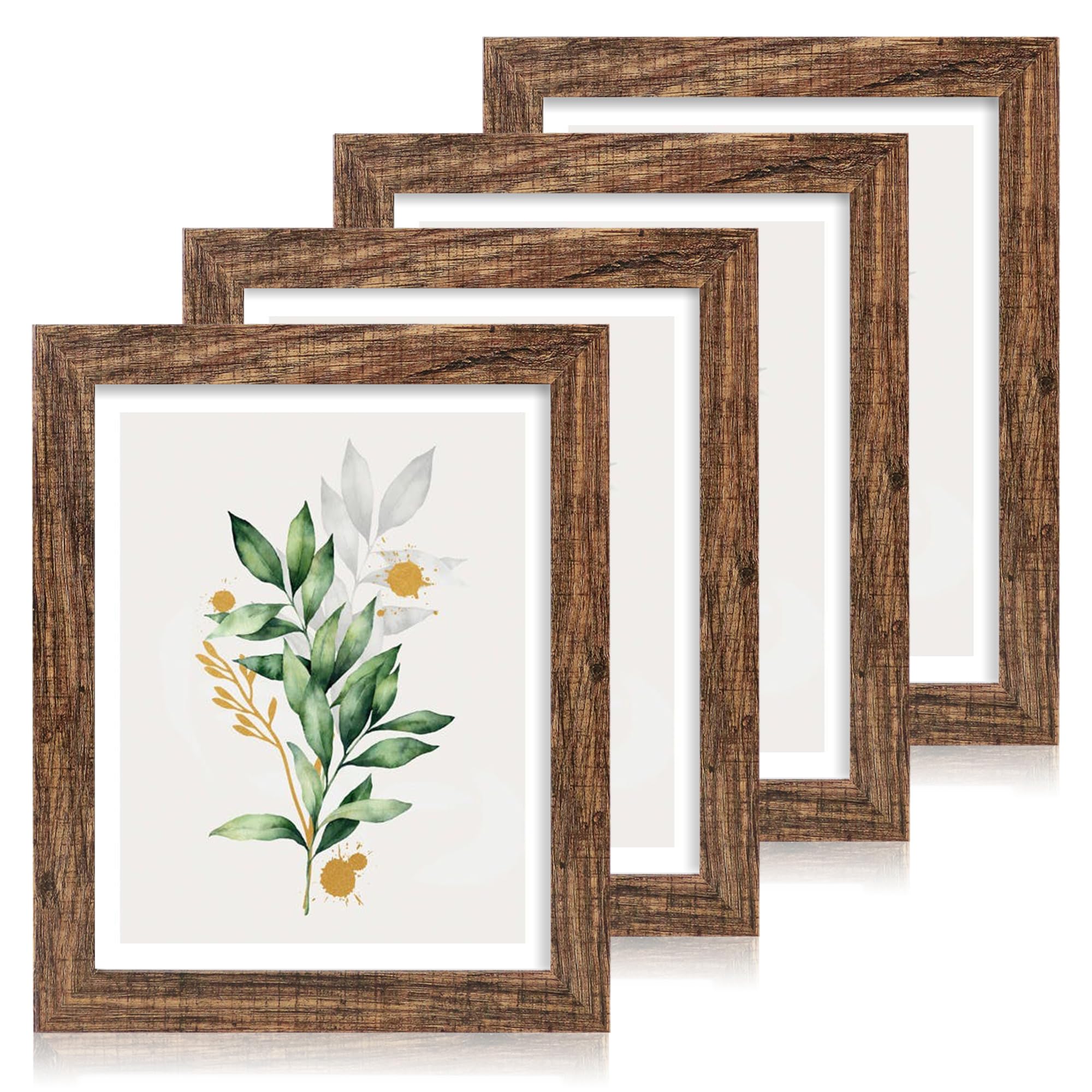 Hongkee 11x14 Picture Frame Set of 4, Made of Rustic Brown Wooden Frame, Display 8x10 Pictures with Mat or 11 x 14 Posters witho