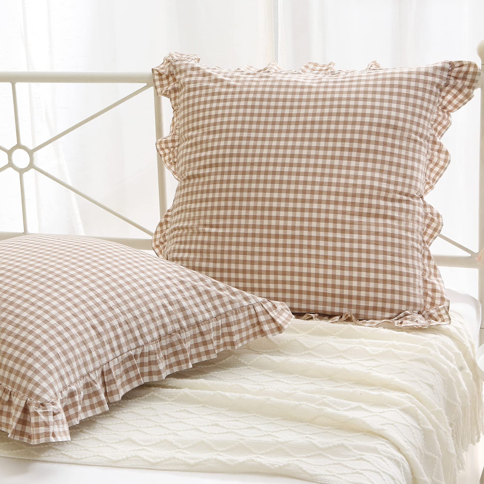 K Masaniji 2 Pack Taupe White Plaid Ruffle Euro Pillow Shams 26X26 Inches, Washed Cotton Gingham Camel Brown Fall Decorative Pil