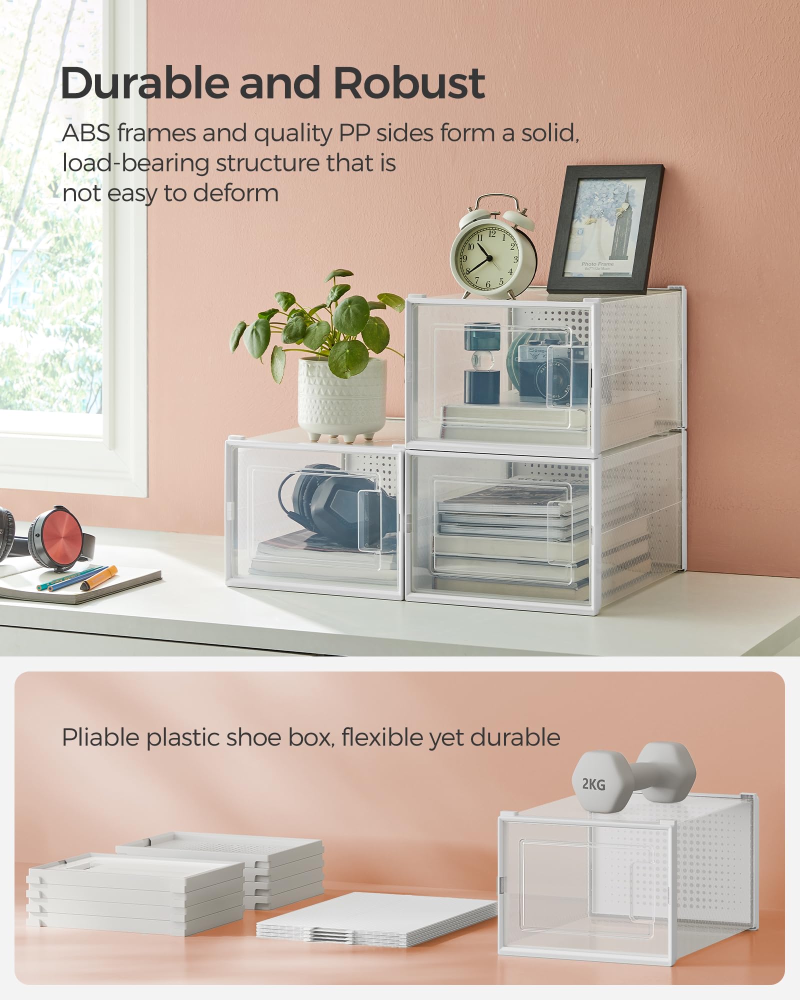 Songmics Shoe Boxes, Pack Of 12 Shoe Storage Organizers, Stackable Clear Plastic Boxes For Closet, Sneakers, 9.9 X 13.7 X 7.4 Inches, Fit Up To Us Size 13, Transparent And White Ulsp12Mwt