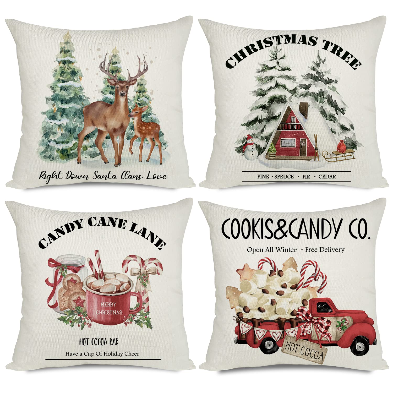 Artmag 18X18 Set Of 4 Christmas Pillow Covers,Christmas Decorations Deer Cookis Candy Cane Lane Christmas Tree Outdoor Pillow Co