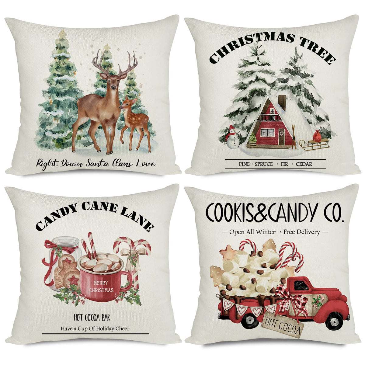 Artmag 16X16 Set Of 4 Christmas Pillow Covers,Christmas Decorations Deer Cookis Candy Cane Lane Christmas Tree Outdoor Pillow Co