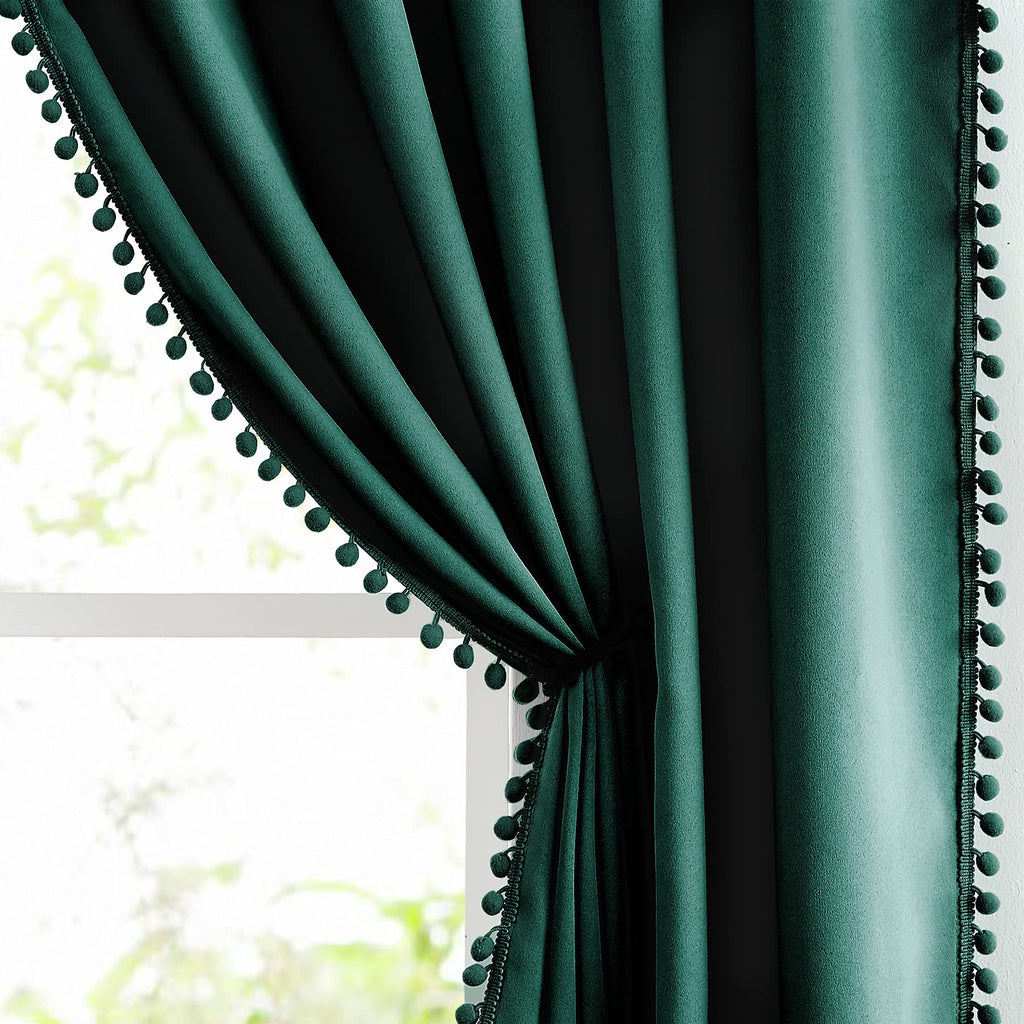 Pompom Green Full Blackout Curtains For Bedroom Living Room 63 Inch Thermal Insulated Window Curtain Panels For Christmas D  Cor