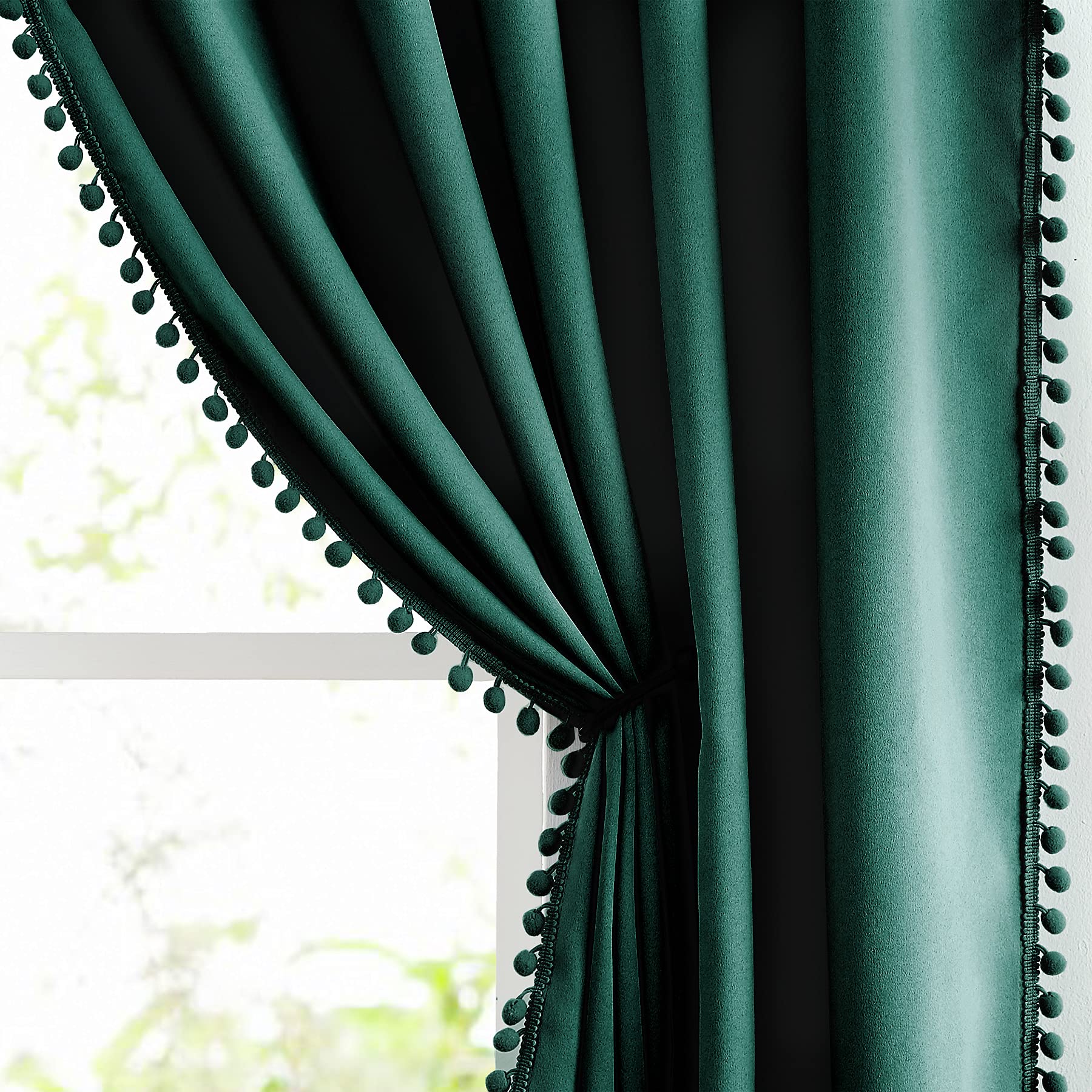 Pompom Green Full Blackout Curtains For Bedroom Living Room 63 Inch Thermal Insulated Window Curtain Panels For Christmas D  Cor