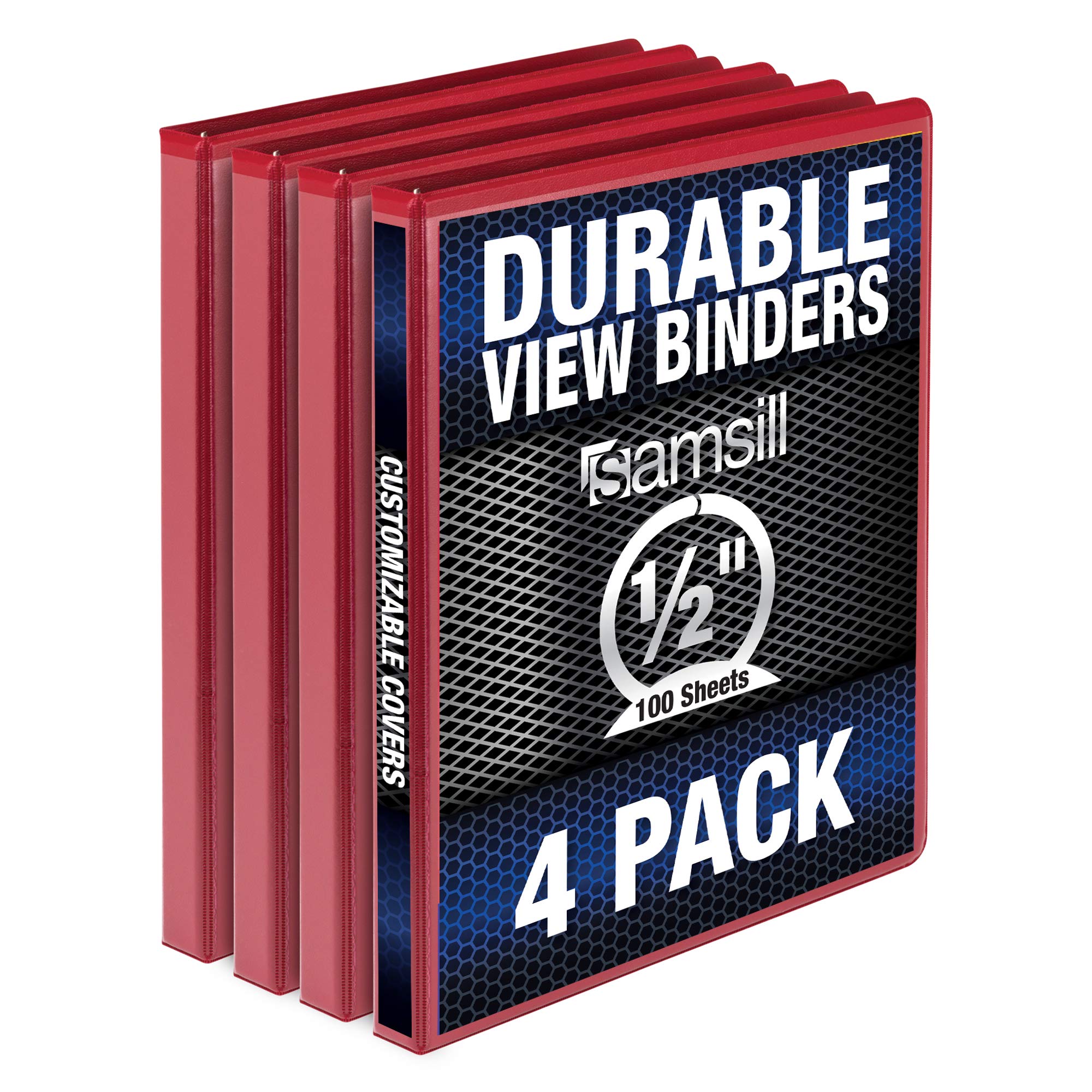 Samsill Durable .5 Inch Binder, Made In The Usa, Round Ring Customizable Clear View Binder, Red, 4 Pack (Mp48413)
