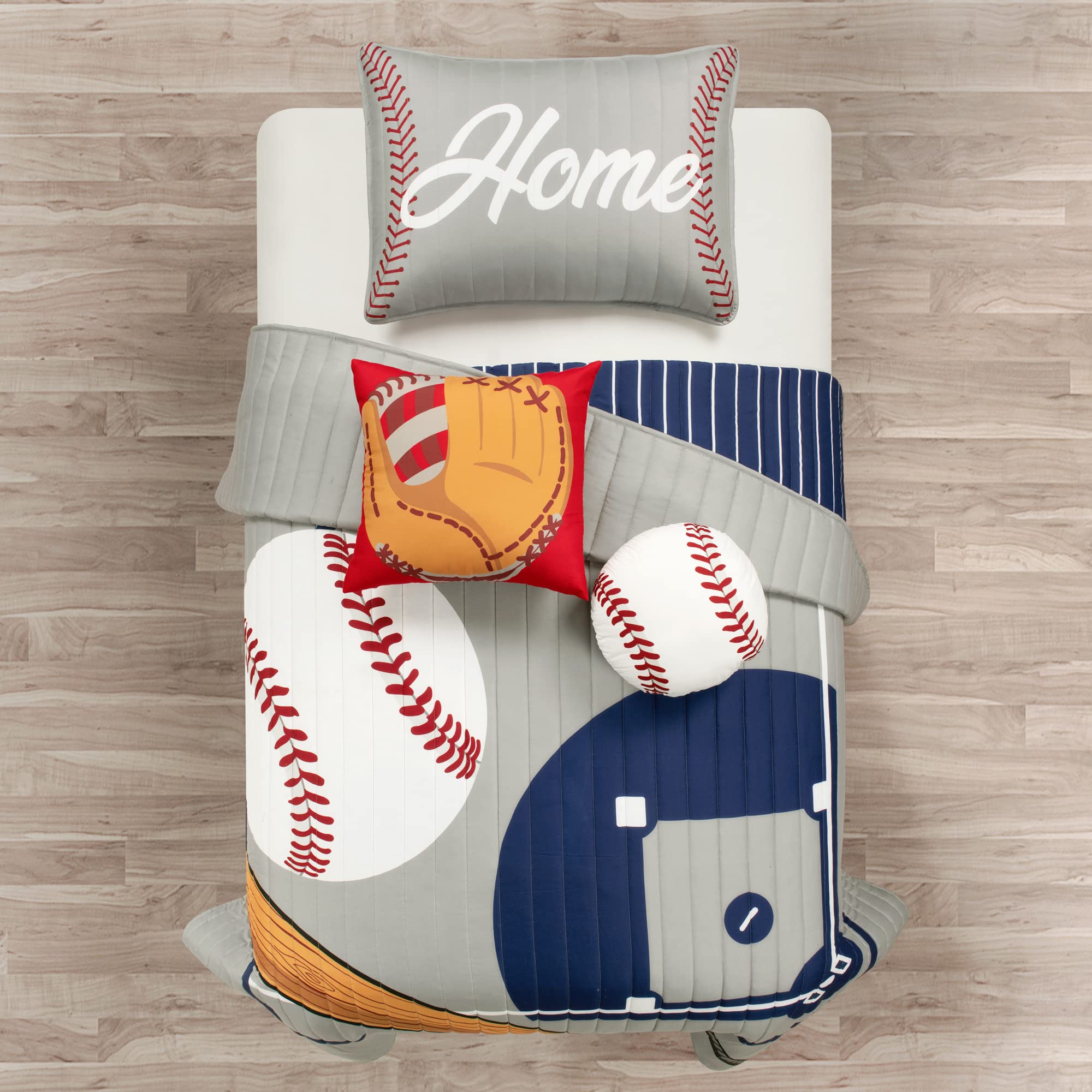 Lush Decor Baseball Game Reversible Oversized Kids 4 Piece Quilt Set, Twin, Gray & Navy