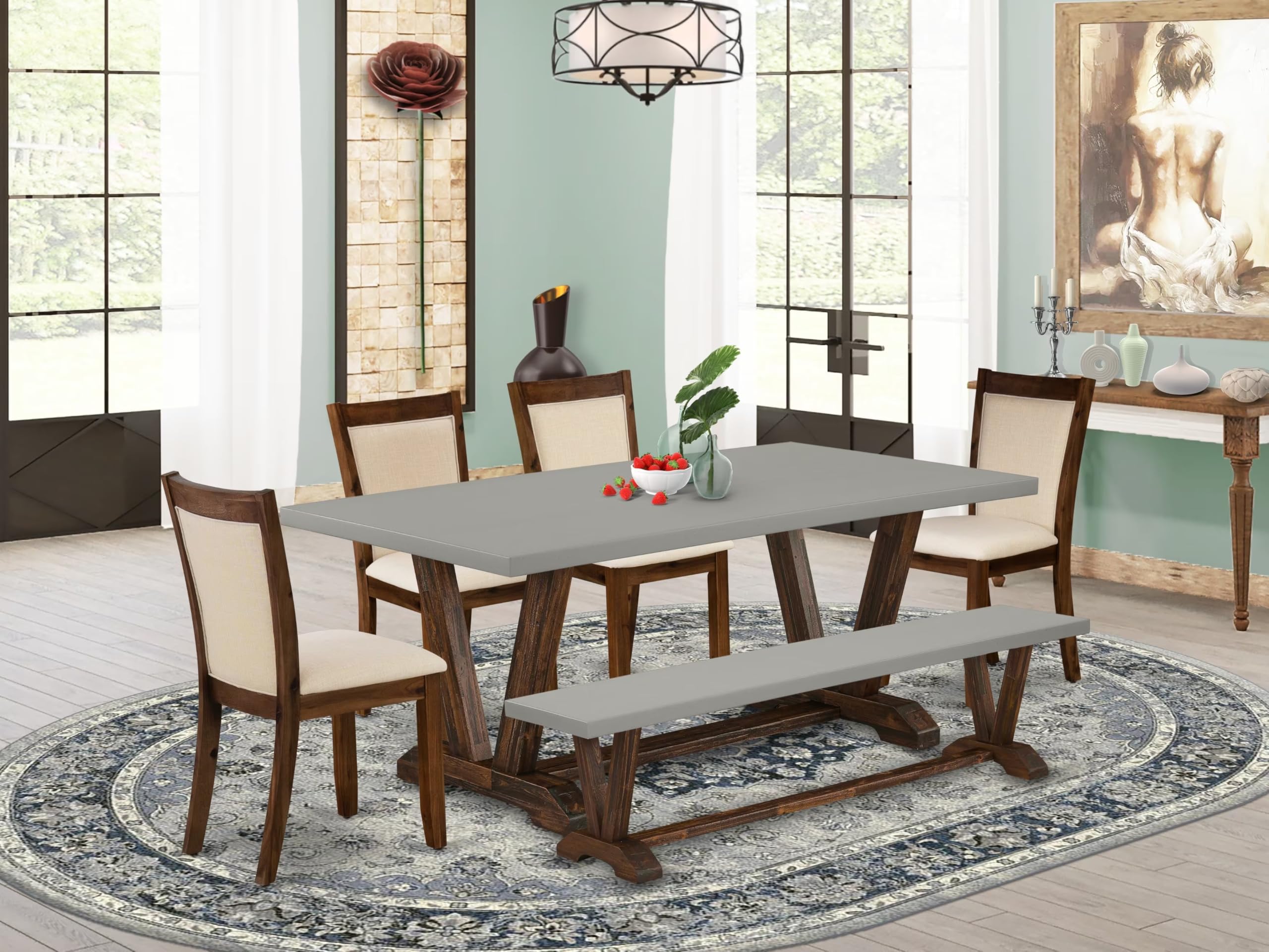 East West Furniture V797Mzn32-6 6 Piece Dining Set Contains A Rectangle Dining Room Table With V-Legs And 4 Light Beige Linen Fabric Upholstered Chairs With A Bench, 40X72 Inch, Multi-Color