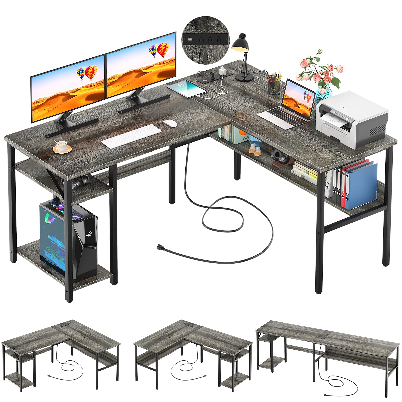 Unikito Reversible L Shaped Desk With Magic Power Outlets And Usb Charging Ports, Sturdy Corner Computer Desk With Storage Shelves, Gaming Desk For Home Office, Easy To Assemble, Black Oak