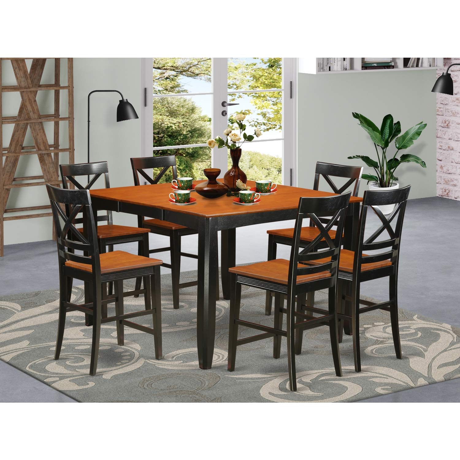 East West Furniture FAQU9H-BLK-W Fairwind 9 Piece Counter Height Pub Set Includes a Square Table with Pedestal and 8 Kitchen Dining Chairs, 54x54 Inch, Black & Cherry