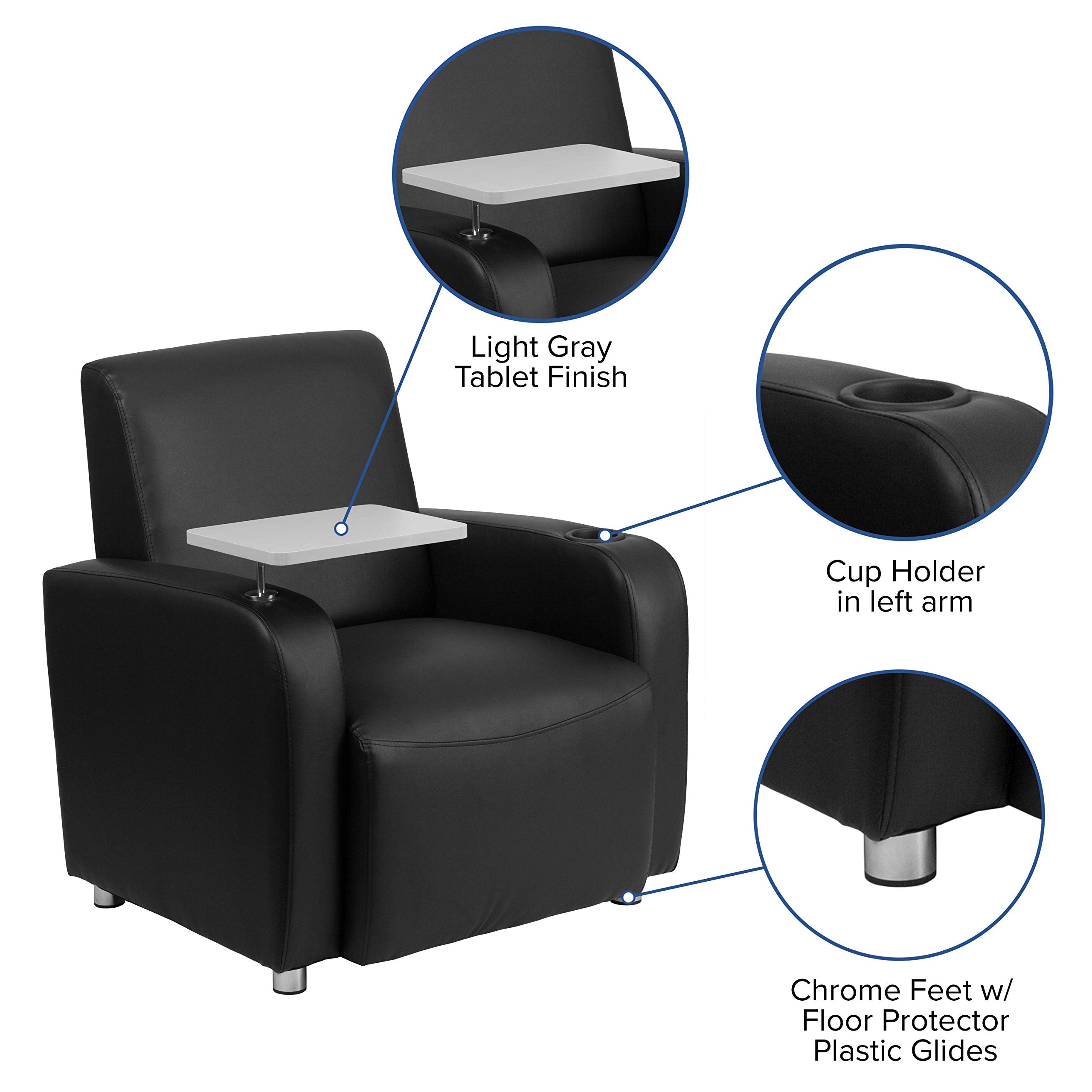 Flash Furniture George Leathersoft Guest Chair With Tablet Arm And Cup Holder, Upholstered Tablet Arm Chair For Offices And Waiting Rooms, Black