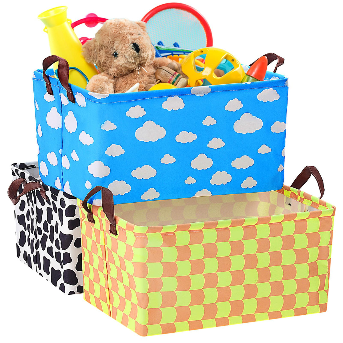Yoojahow 3 Pack Canvas Storage Baskets with Handles for Kids Cartoon Toy