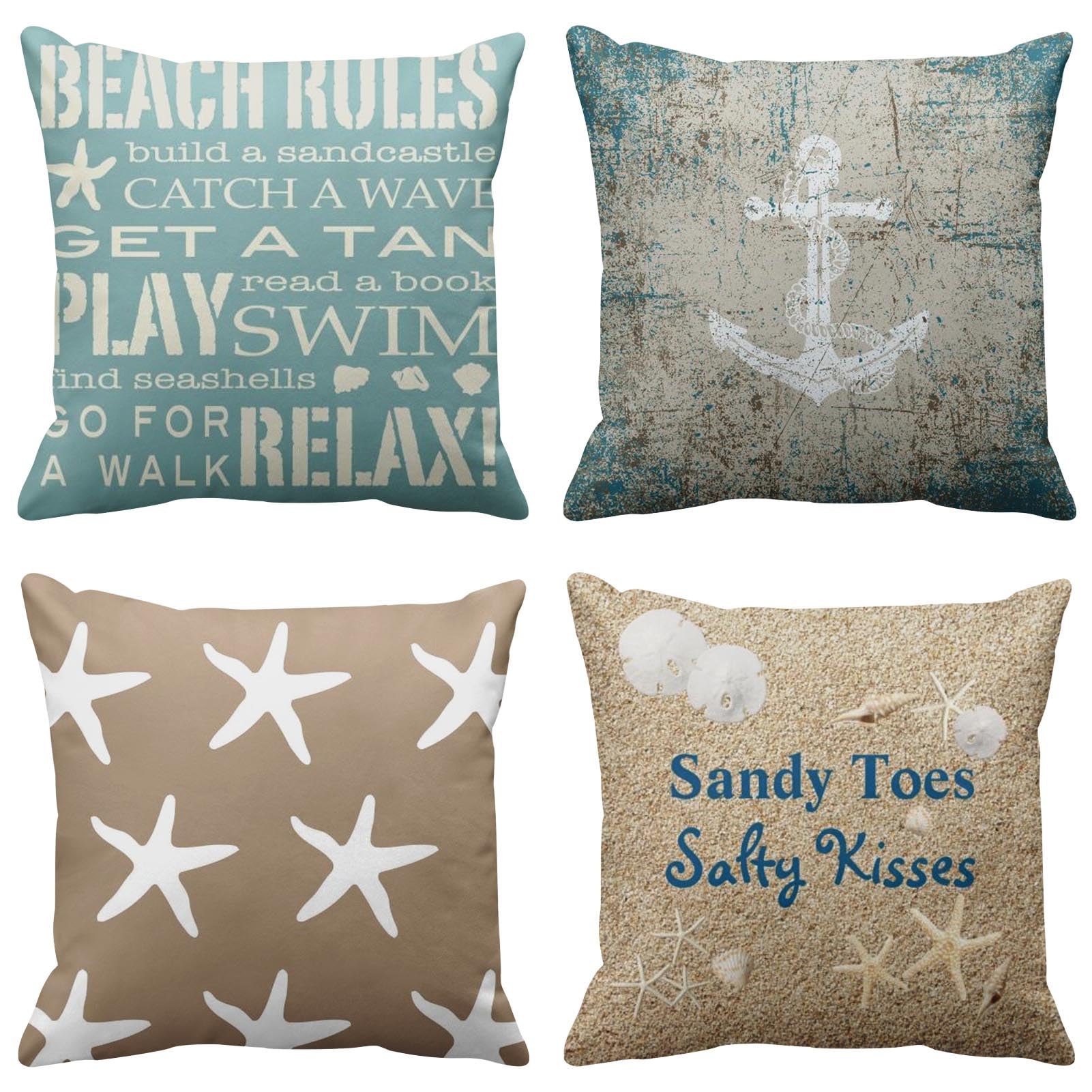 Emvency Set Of 4 Throw Pillow Covers Beach Starfish Words Rules Holiday Summer Nautical Anchor Distressed Taupe Decorative Pillo