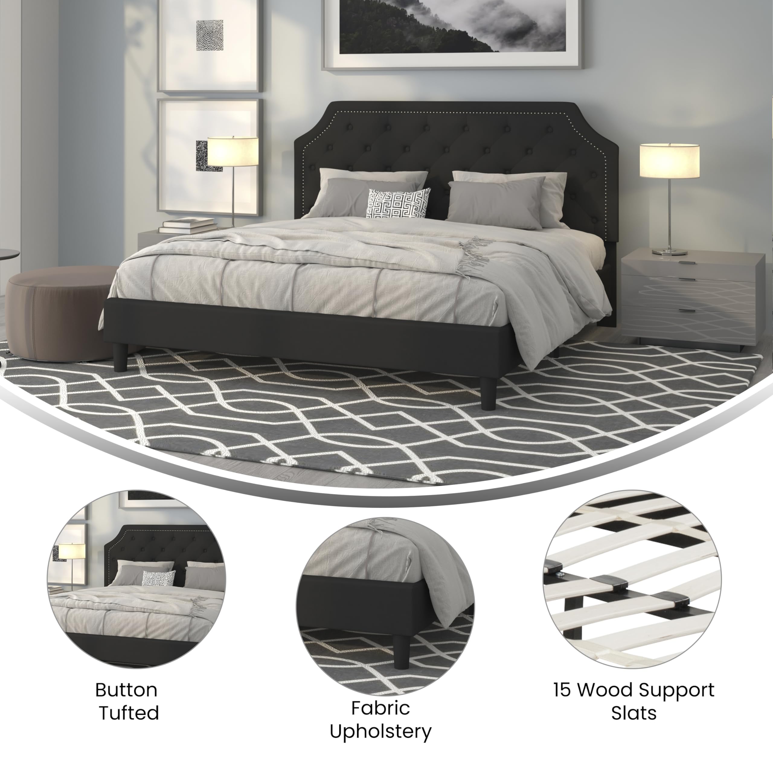 Flash Furniture Brighton King Size Tufted Upholstered Platform Bed In Black Fabric